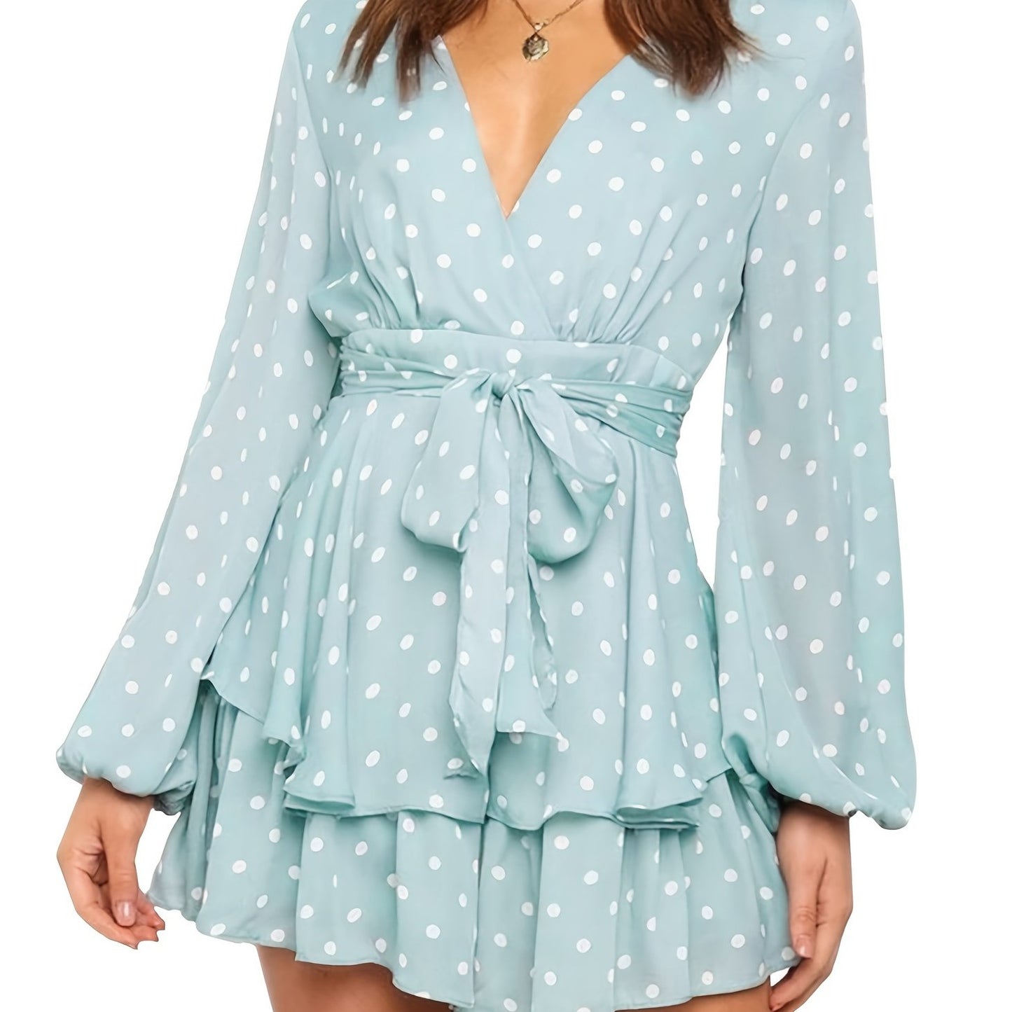 elveswallet Ladies Polka-dot V-neck Jumpsuits, Long Sleeve Ruffle Hem Romper Playsuit, Casual Every Day Romper, Women's Clothing