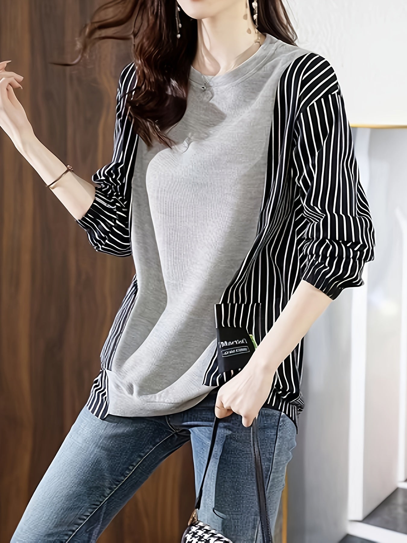 Striped Print Pullover Sweatshirt, Casual Long Sleeve Crew Neck Color Block Sweatshirt For Fall & Winter, Women's Clothing