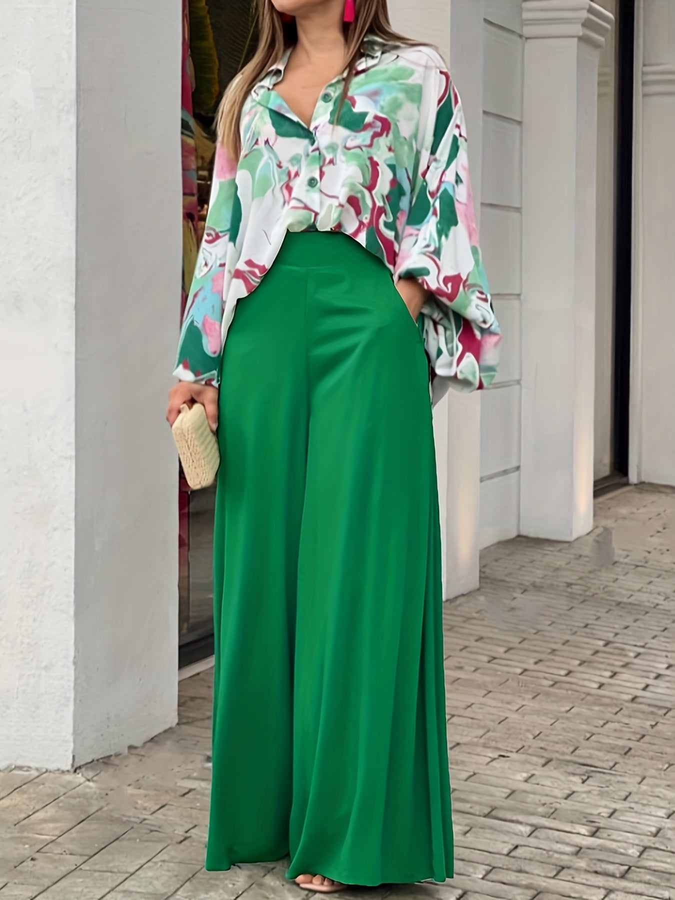 gbolsos Batwing Sleeve Tie Dye Blouse & High Waist Solid Pantsuits