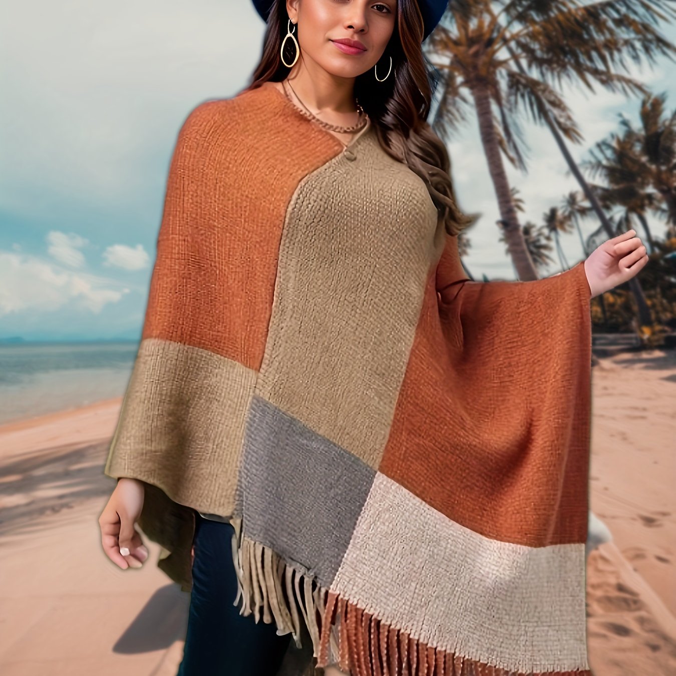 Plus Size Casual Coat, Women's Plus Colorblock Batwing Sleeve V Neck Tassel Trim Medium Stretch Shawl Cape Sweater Overcoat