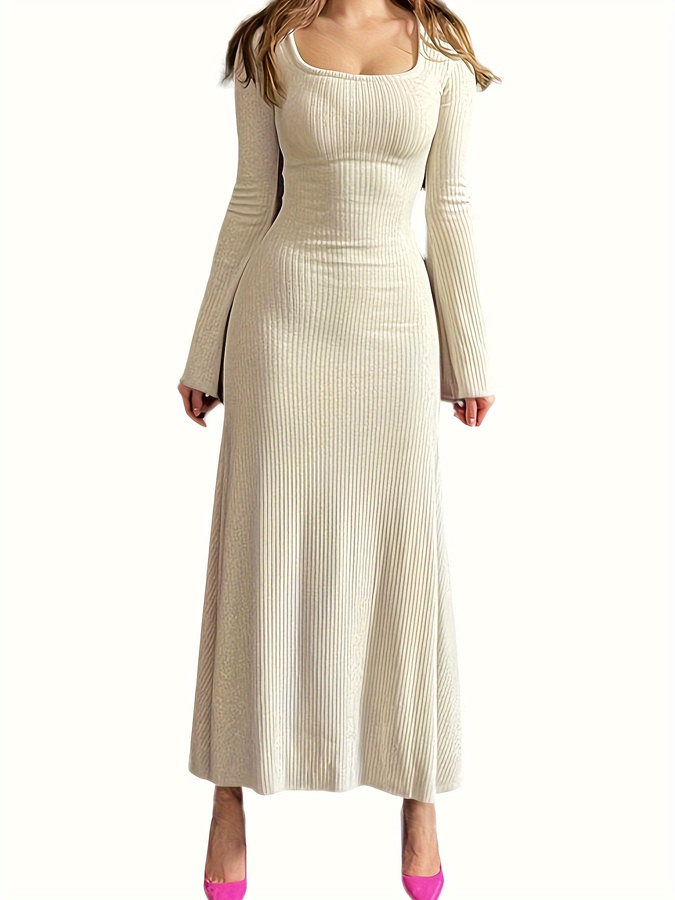 gbolsos Lettuce Trim Squared Neck Dress, Elegant Solid Long Sleeve Dress, Women's Clothing