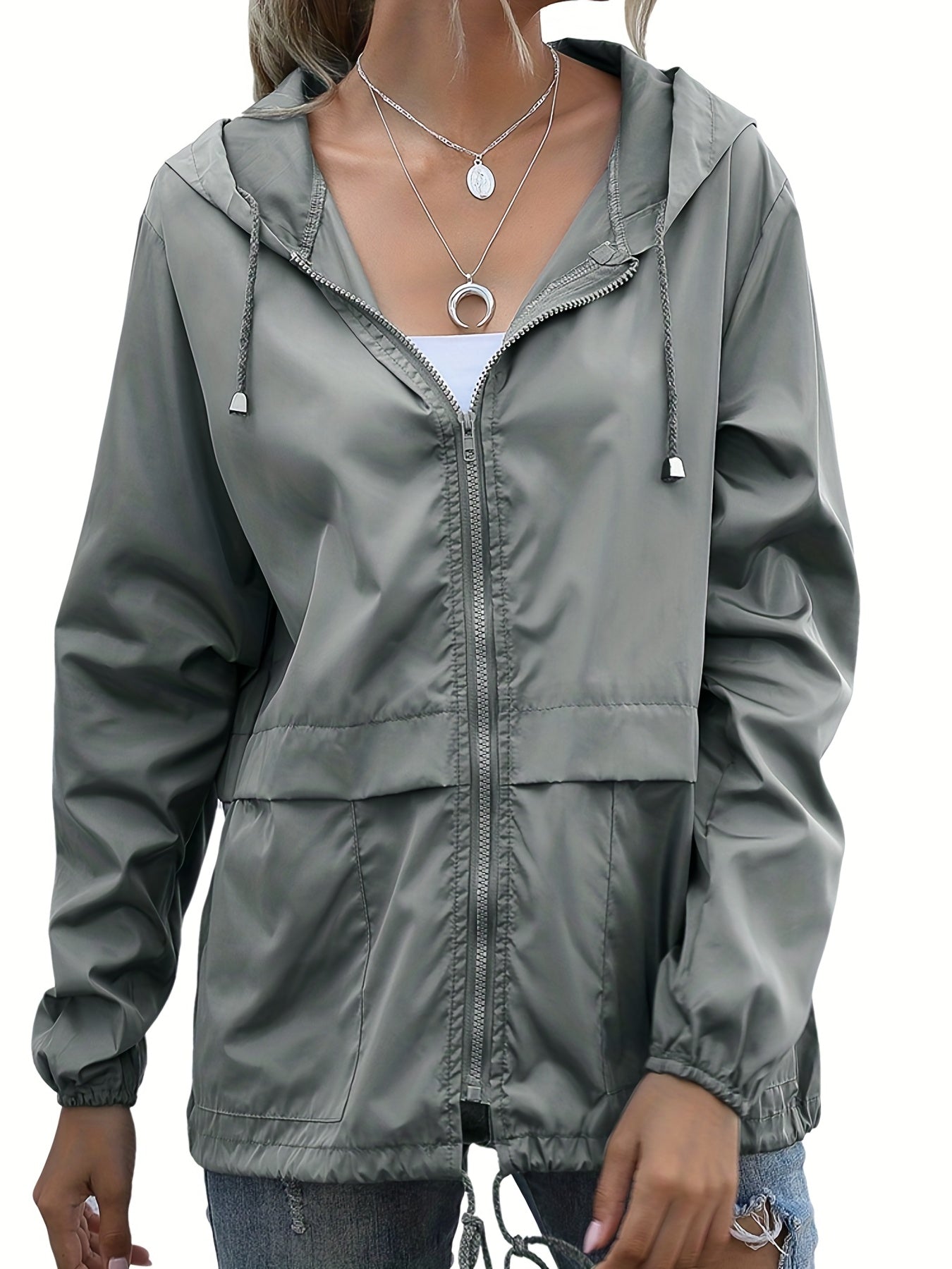 gbolsos Drawstring Solid Hooded Jacket, Casual Long Sleeve Versatile Outerwear, Women's Clothing