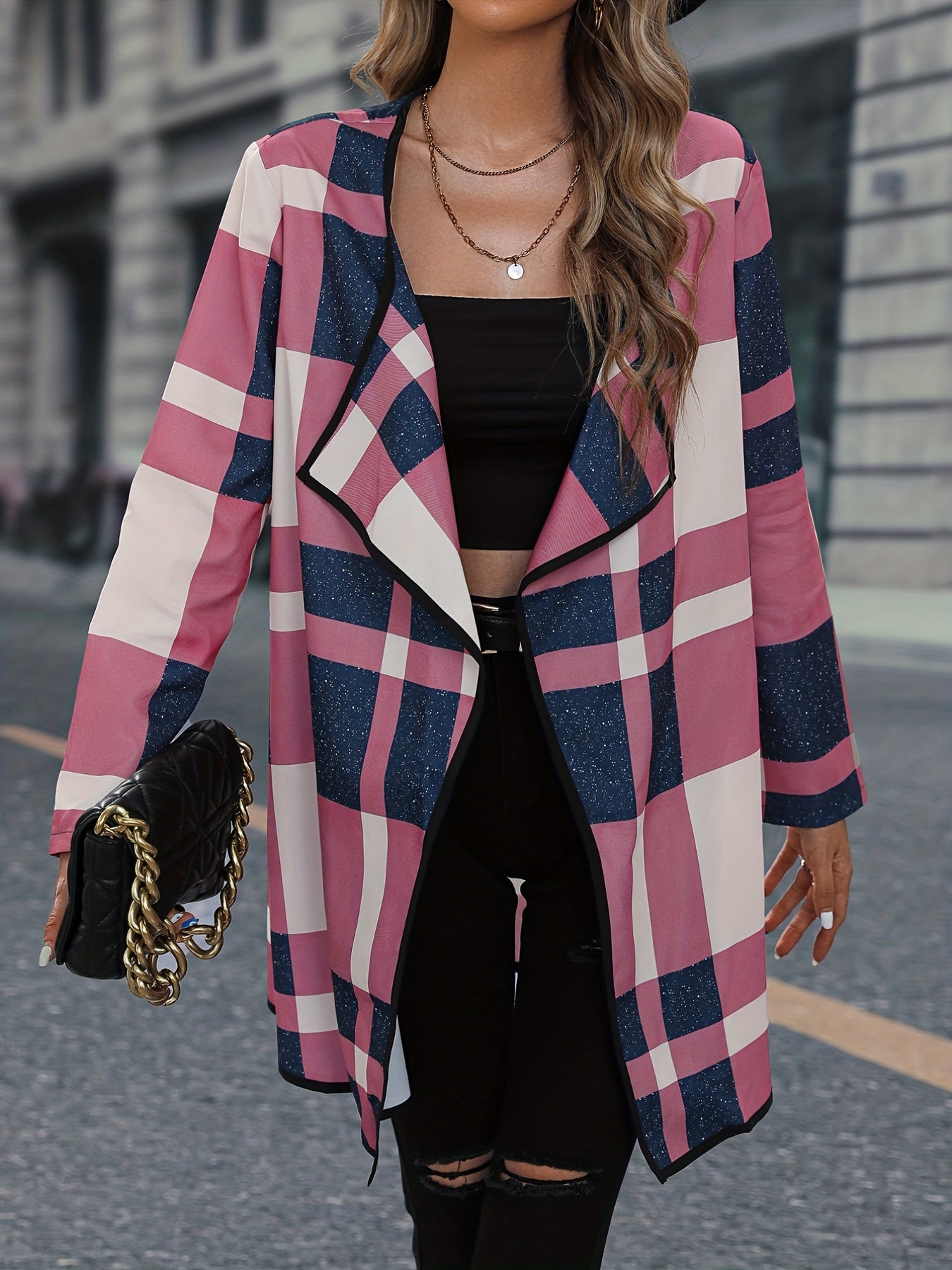 gbolsos Plaid Print Cardigan, Casual Open Front Long Sleeve Outerwear, Women's Clothing
