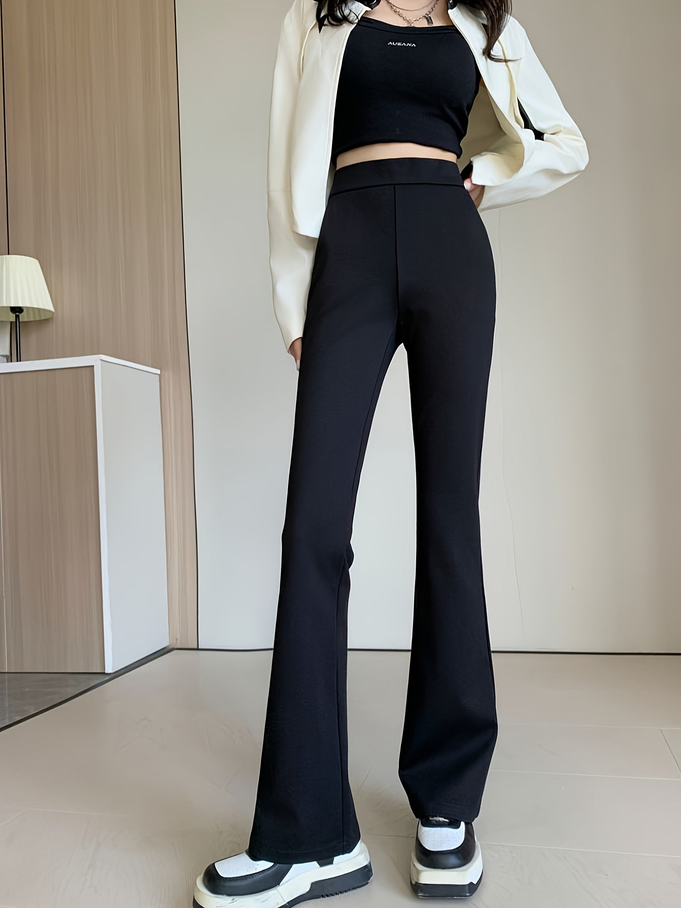 gbolsos Solid Slim Flare Leg Pants, Casual High Waist Bootcut Pants, Women's Clothing