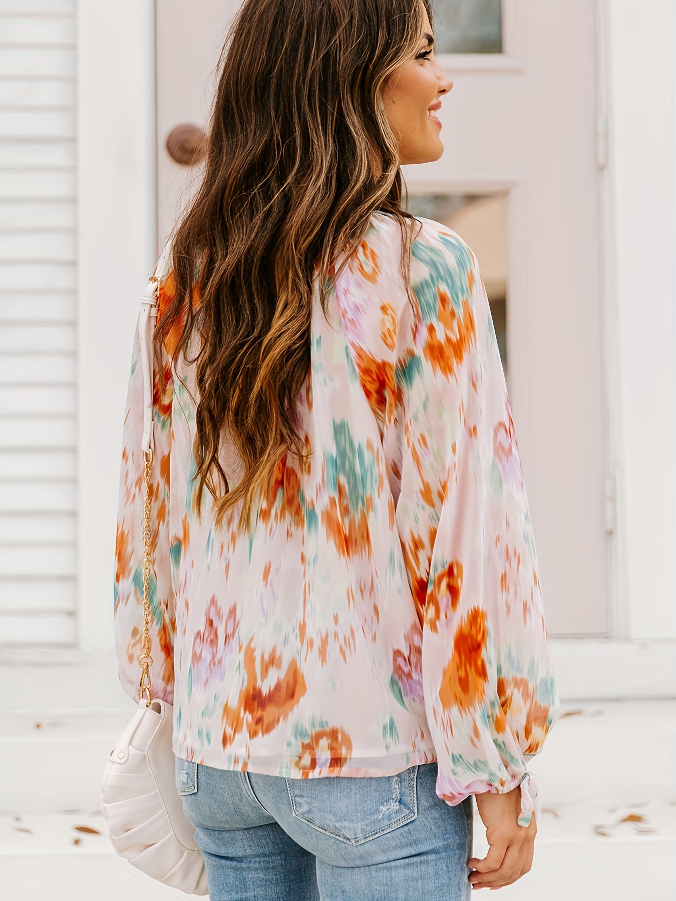 gbolsos Tie Dye Print Blouse, Casual V Neck Tie Front Long Sleeve Blouse, Women's Clothing