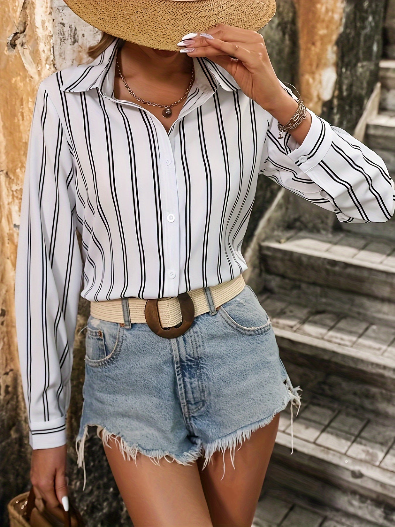 Striped Print Button Front Shirt, Casual Cuff Sleeve Shirt For Spring & Fall, Women's Clothing