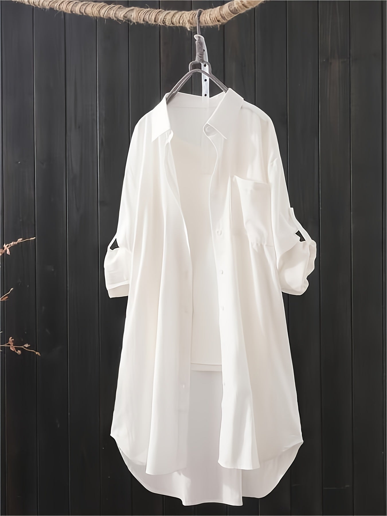 gbolsos Solid Button Down Shirt, Casual Lapel Long Sleeve Curved Hem Shirt, Women's Clothing