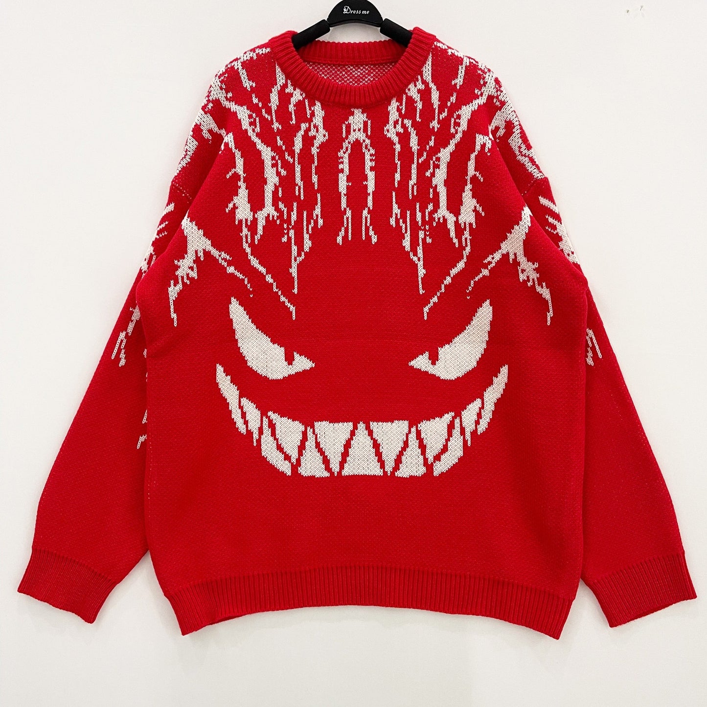 gbolsos Plus Size Men's Sweater Grimace Graphic Print Loose Dark Department Little Devil Jacquard Round Neck Pullover