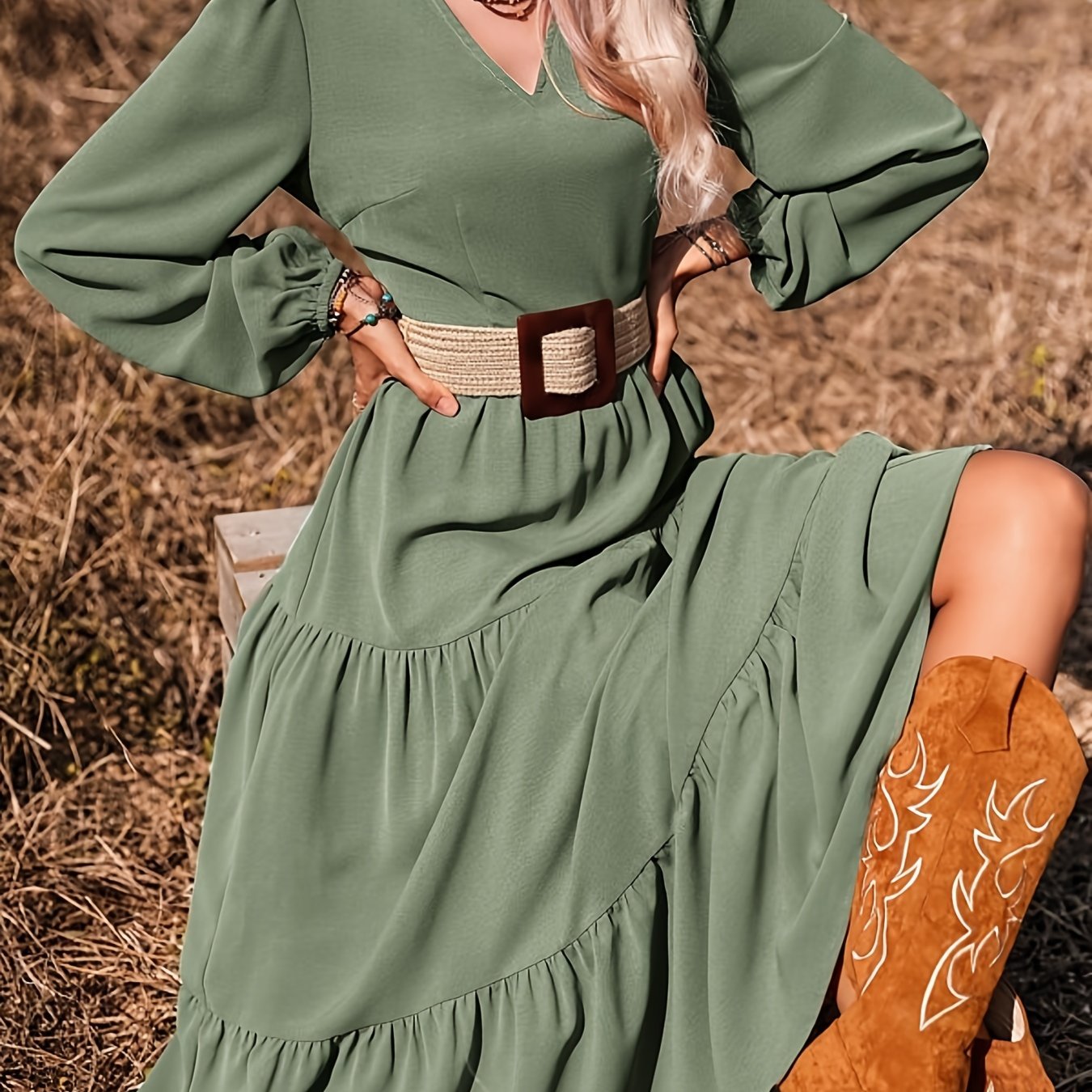 gbolsos Solid Color Lantern Sleeve Dress, Casual V Neck Tiered Dress For Spring & Fall, Women's Clothing