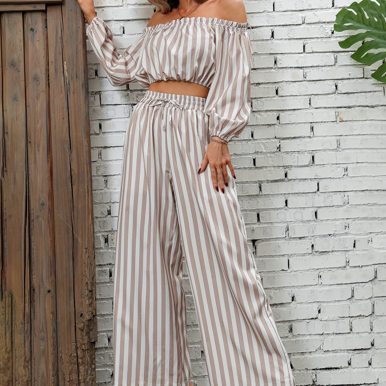Striped Print Casual Two-piece Set, Off Shoulder Long Sleeve Tops & Wide Leg Drawstring Pants Outfits, Women's Clothing