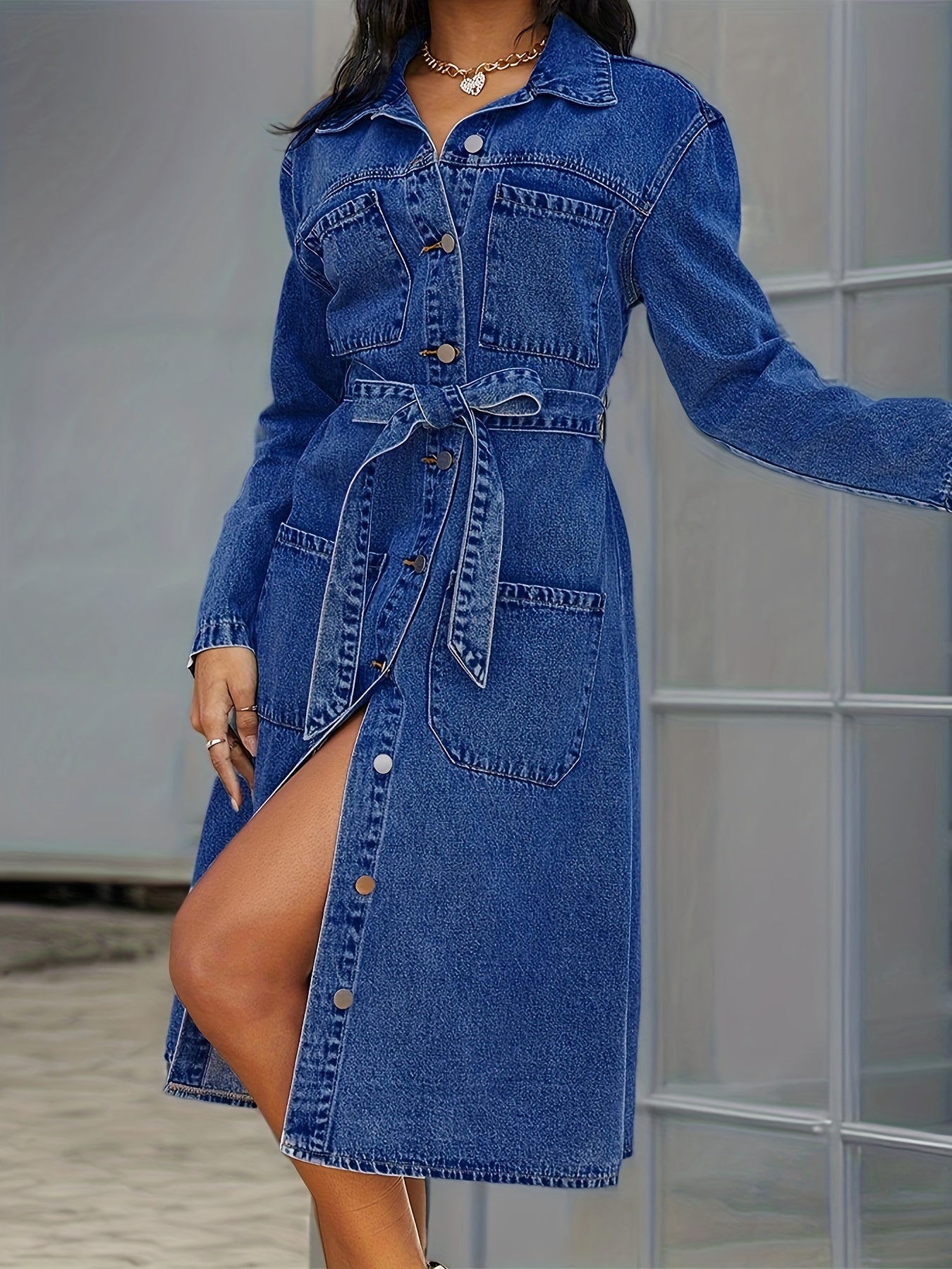 gbolsos Blue Long Sleeves Denim Dress, Patch Pockets Single Breasted Button With Waistband Lapel Denim Dress, Women's Denim Clothing