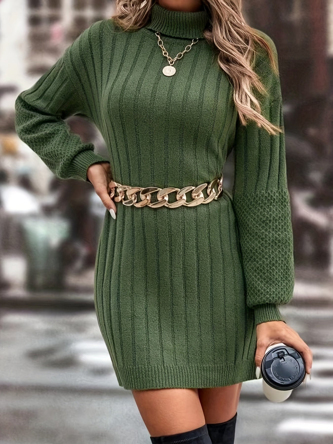 Ribbed Knit Turtle Neck Sweater, Casual Lantern Sleeve Sweater For Fall & Winter, Women's Clothing