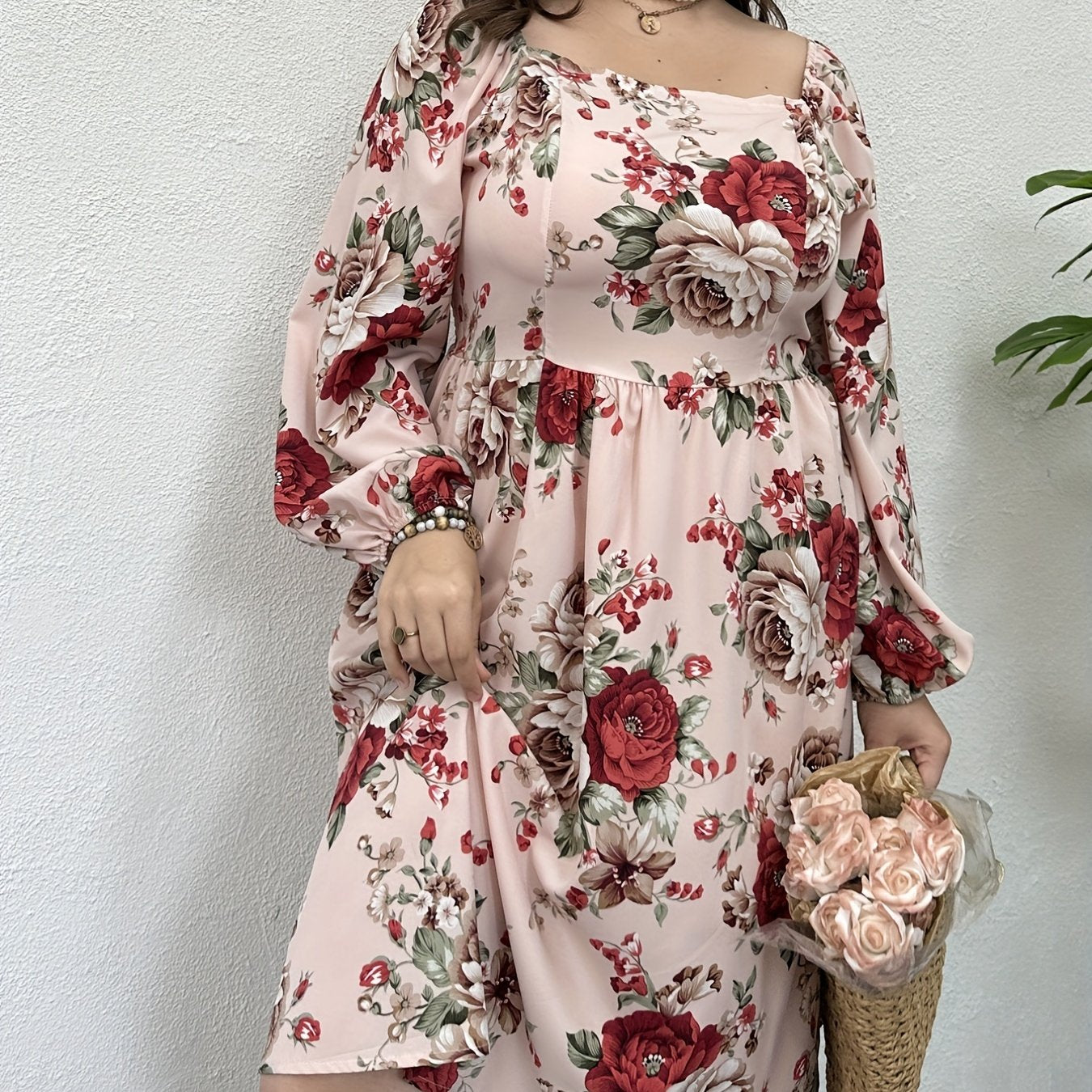 gbolsos Plus Size Elegant Dress, Women's Plus Shirred Ditsy Floral Print Lantern Sleeve Square Neck Nipped Waist Dress