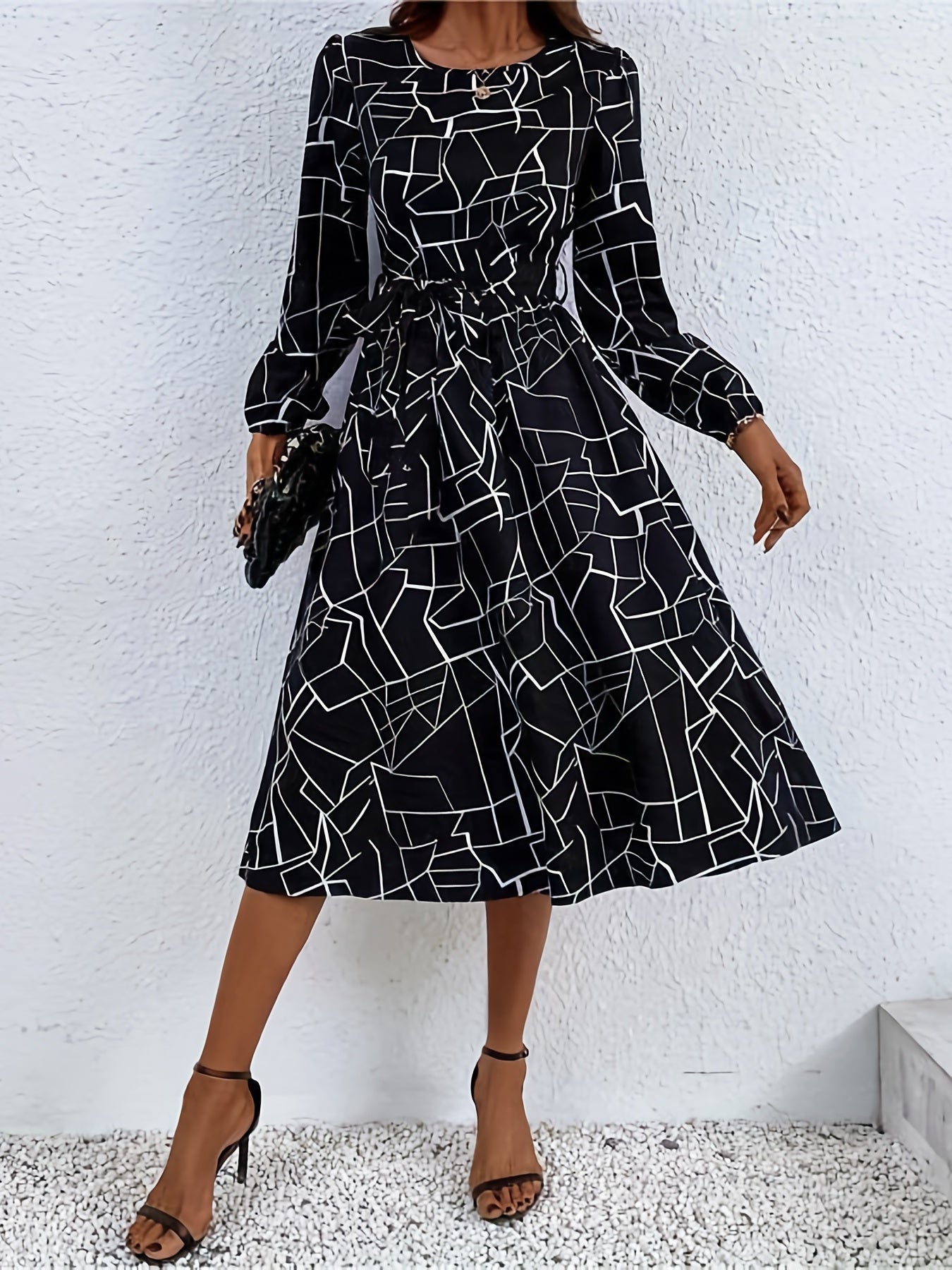 gbolsos Geo Print Dress, Casual Crew Neck Long Sleeve Midi Dress, Women's Clothing
