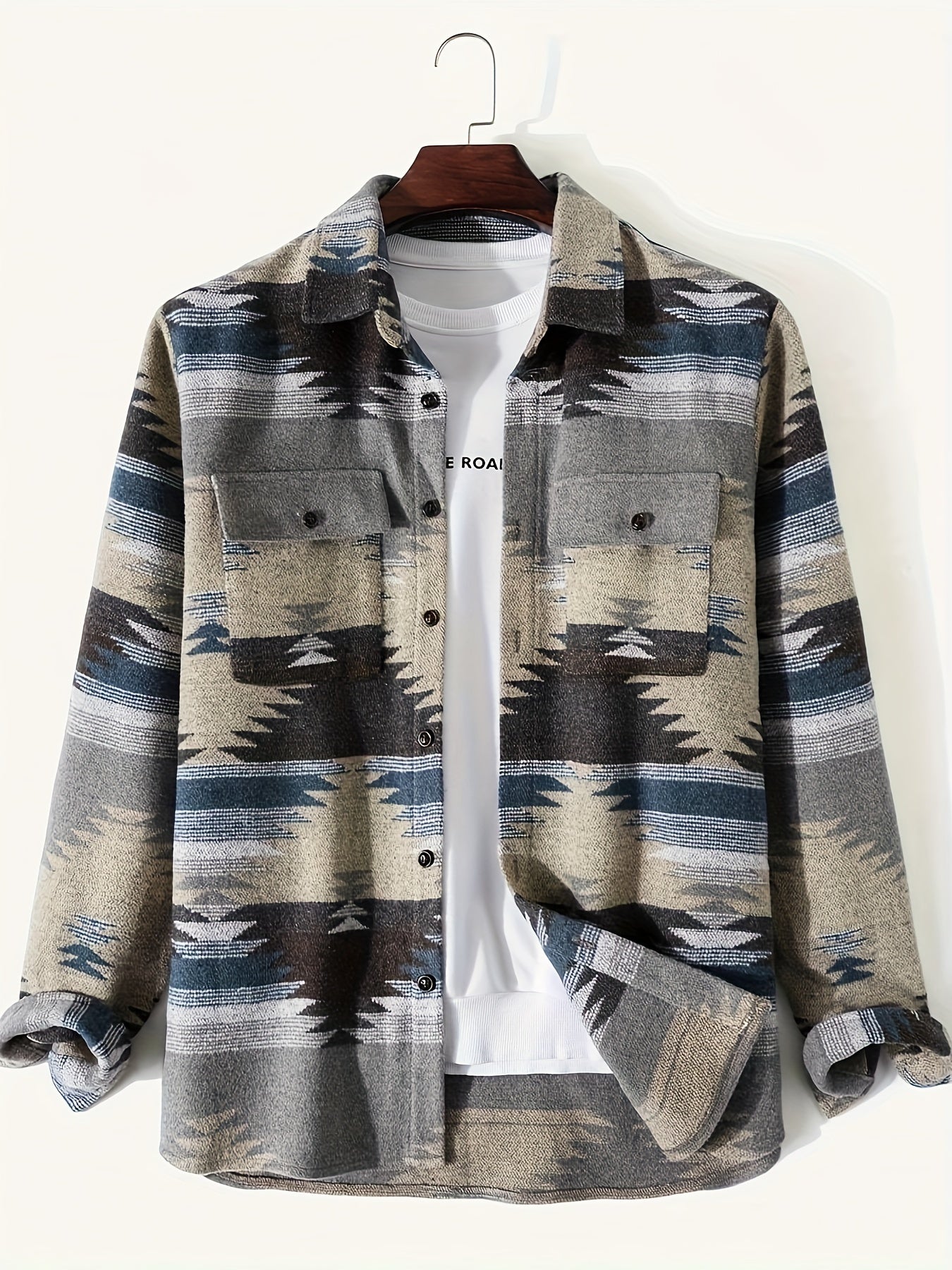 gbolsos Stylish Geometric Pattern Men's Woven Long Sleeve Button Down Shirt Jacket With Pockets, Men's Fall Winter All-match Outwear