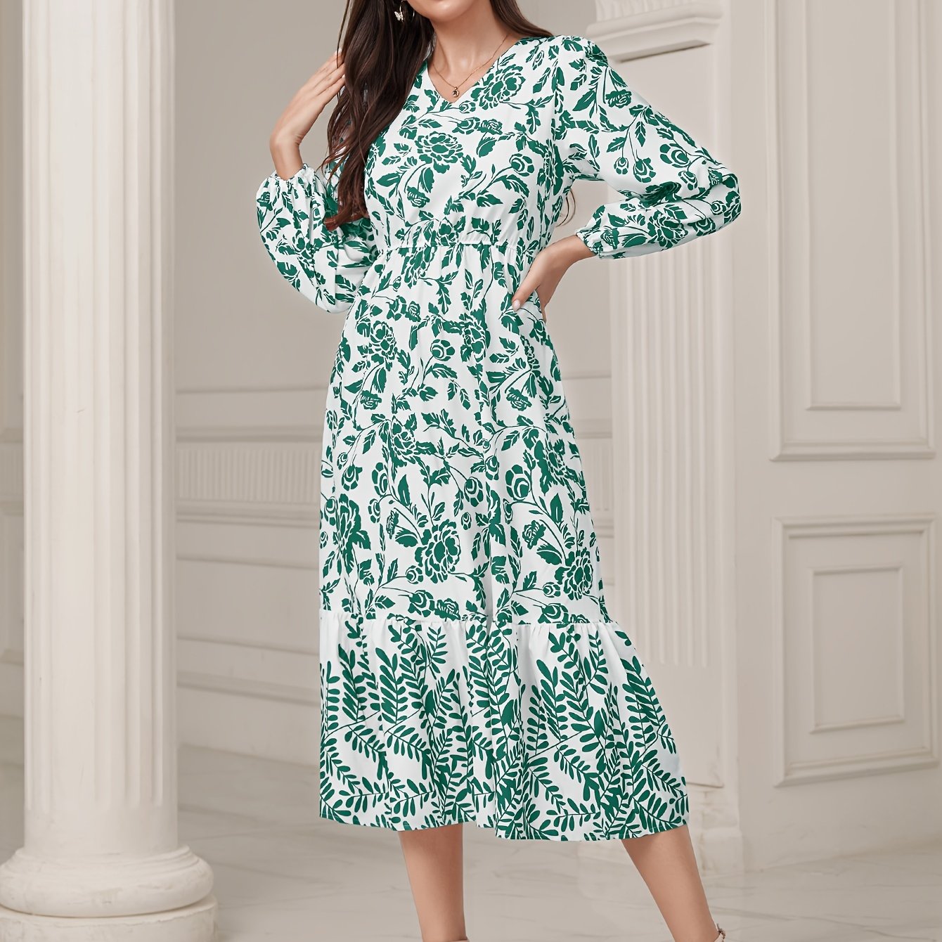 gbolsos Floral & Leaves Print V-neck Dress, Elegant Elastic Waist Long Sleeve Dress For Spring & Fall, Women's Clothing