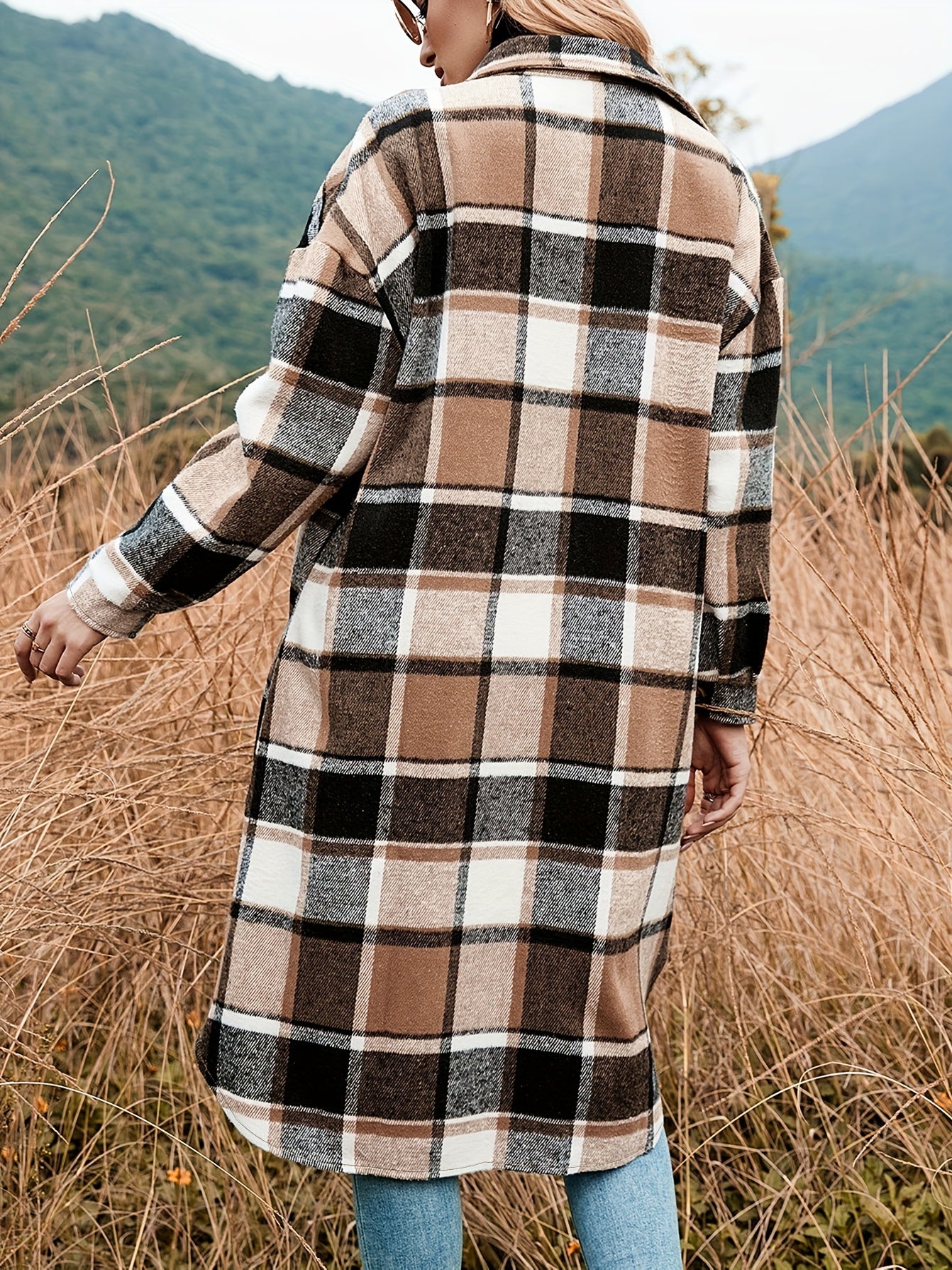 gbolsos Plaid Shacket Split Lapel Jacket, Button Down With Pockets Outerwear, Women's Clothing
