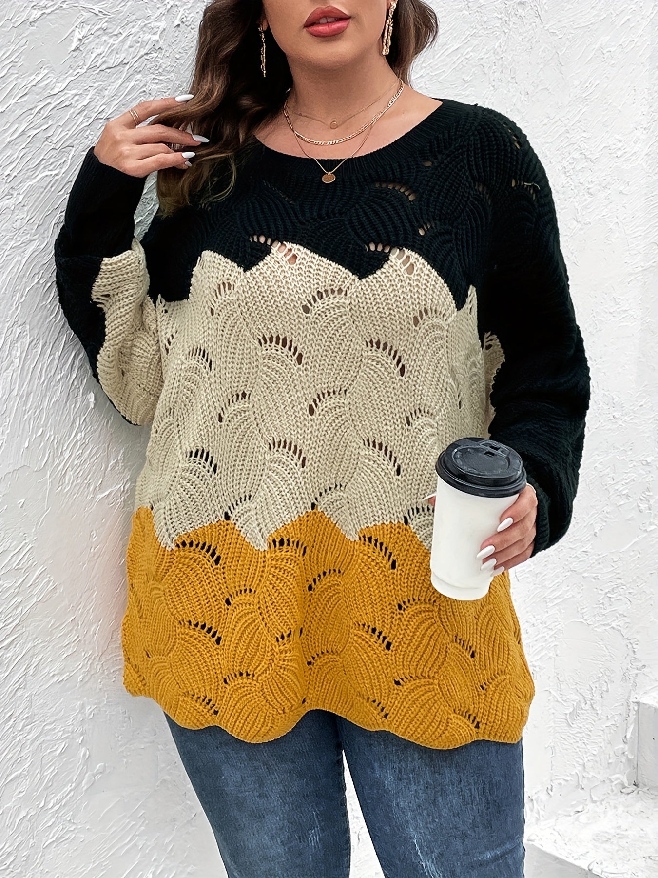 gbolsos Plus Size Colorblock Eyelet Embroidered Boat Collar Sweater, Women's Plus Slight Stretch Casual Sweater