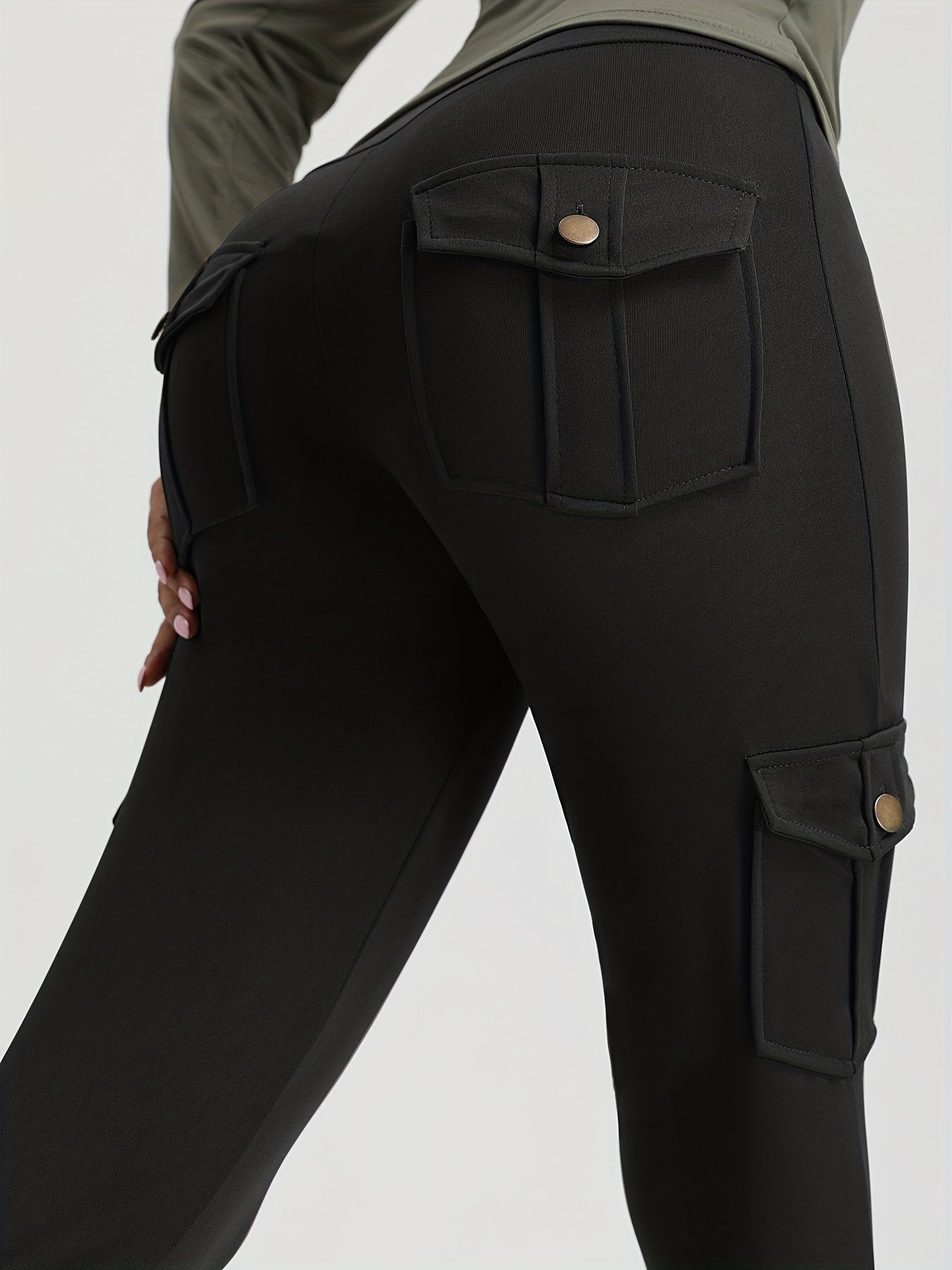 gbolsosCargo Leggings, Solid High Waist Casual Leggings For Spring & Fall, Women's Clothing