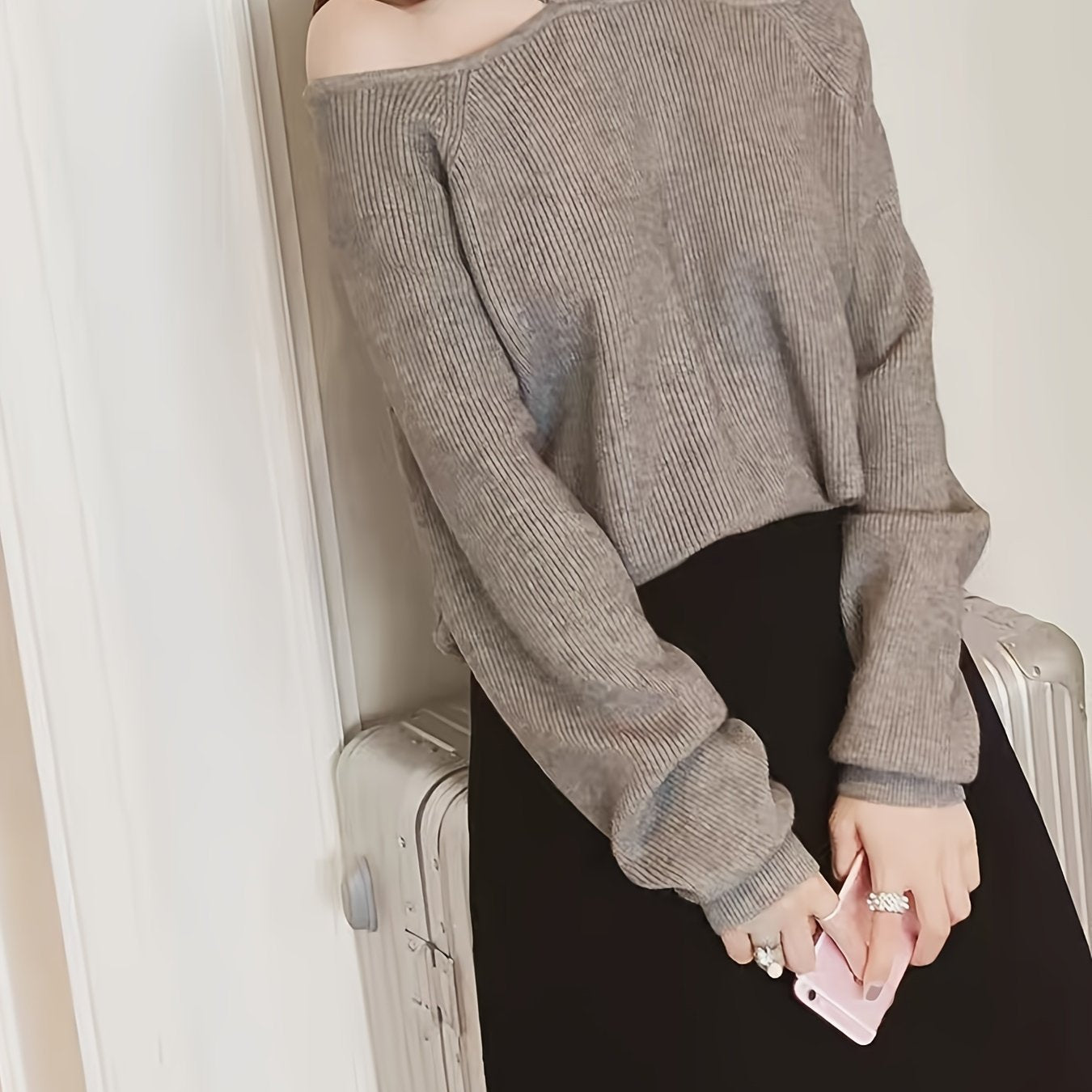 gbolsos Solid Mock Neck Pullover Sweater, Casual Cold Shoulder Long Sleeve Loose Sweater, Women's Clothing