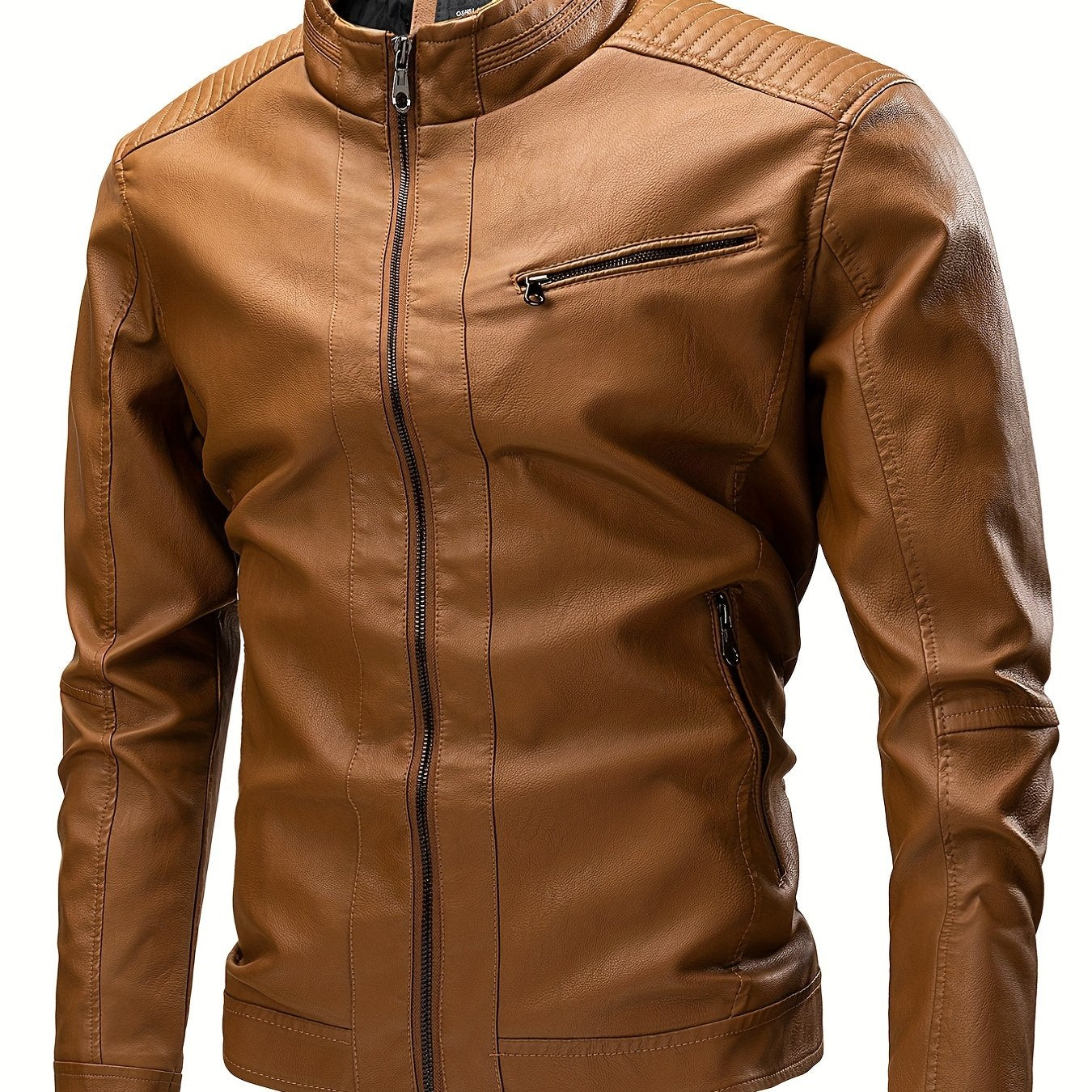 gbolsos Vintage PU Leather Jacket, Men's Casual Zip Up Stand Collar Faux Leather Jacket For Spring Fall Outdoor