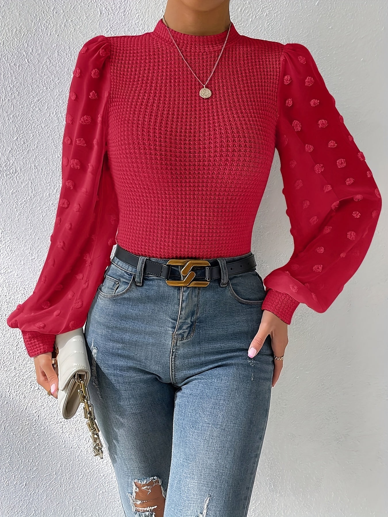 gbolsos Swiss Dot Mock Neck Blouse, Casual Long Lantern Sleeve Blouse For Spring & Fall, Women's Clothing