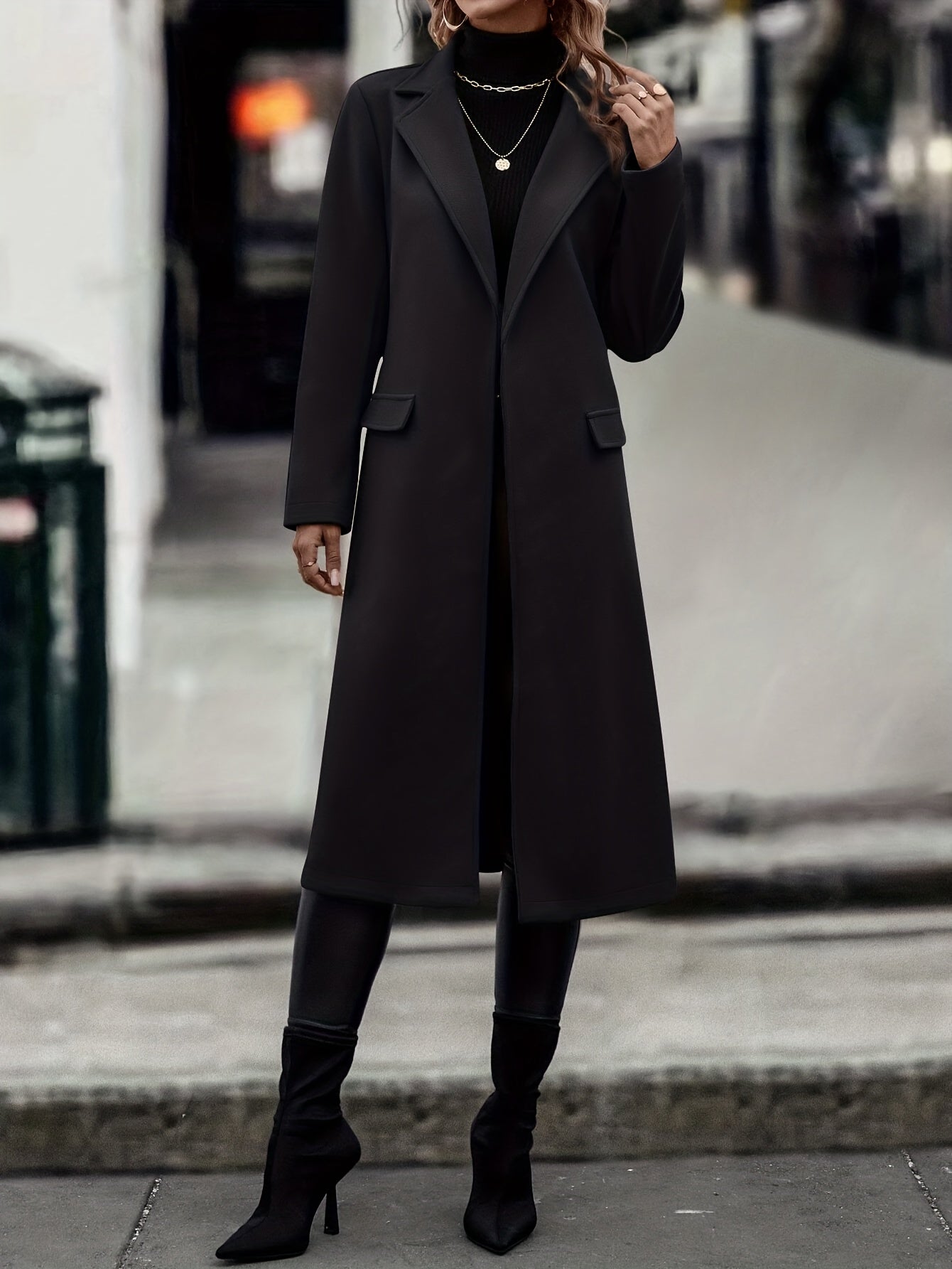 gbolsos Solid Color Open Front Trench Coat, Elegant Lapel Neck Long Sleeve Belted Coat, Women's Clothing