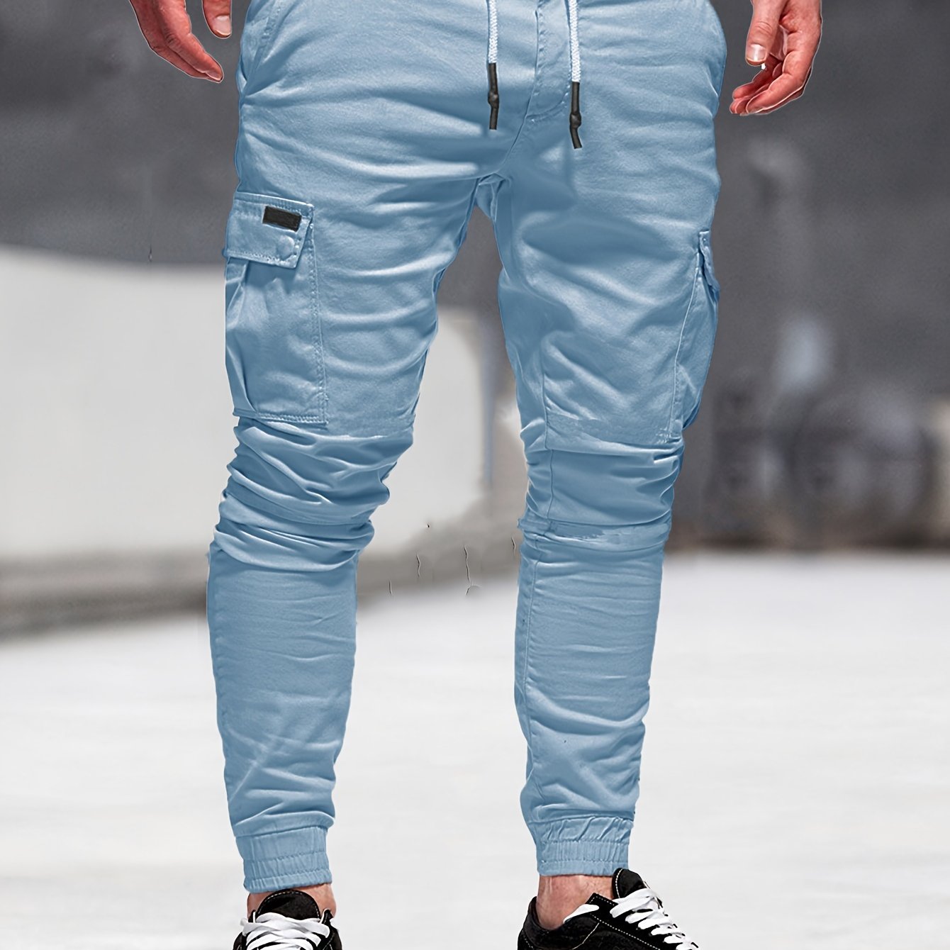 gbolsos Solid Multi Flap Pockets Men's Drawstring Cargo Pants, Slim Fit Elastic Casual Outdoor Pants, Men's Work Pants