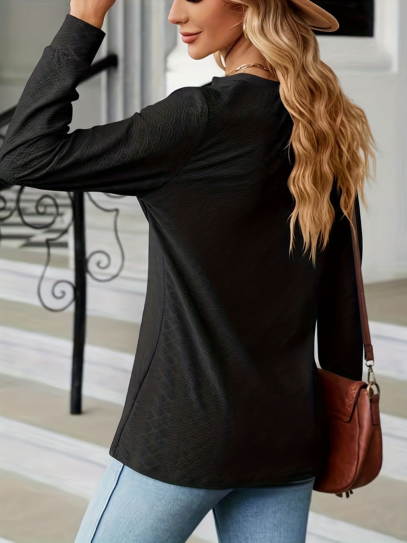 gbolsos Jacquard Button Front V Neck T-Shirt, Casual Long Sleeve Top For Spring & Fall, Women's Clothing