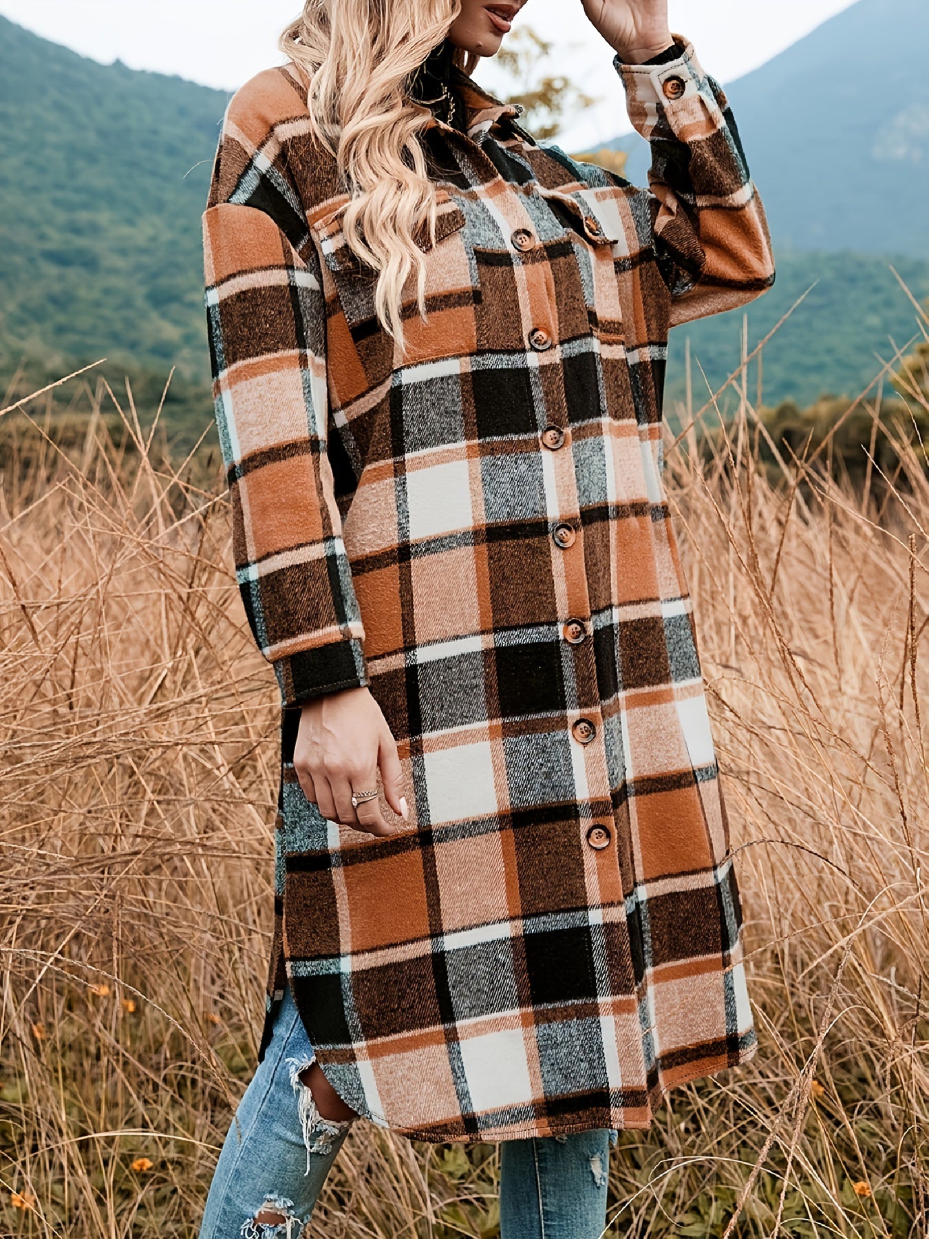 gbolsos Plaid Shacket Split Lapel Jacket, Button Down With Pockets Outerwear, Women's Clothing