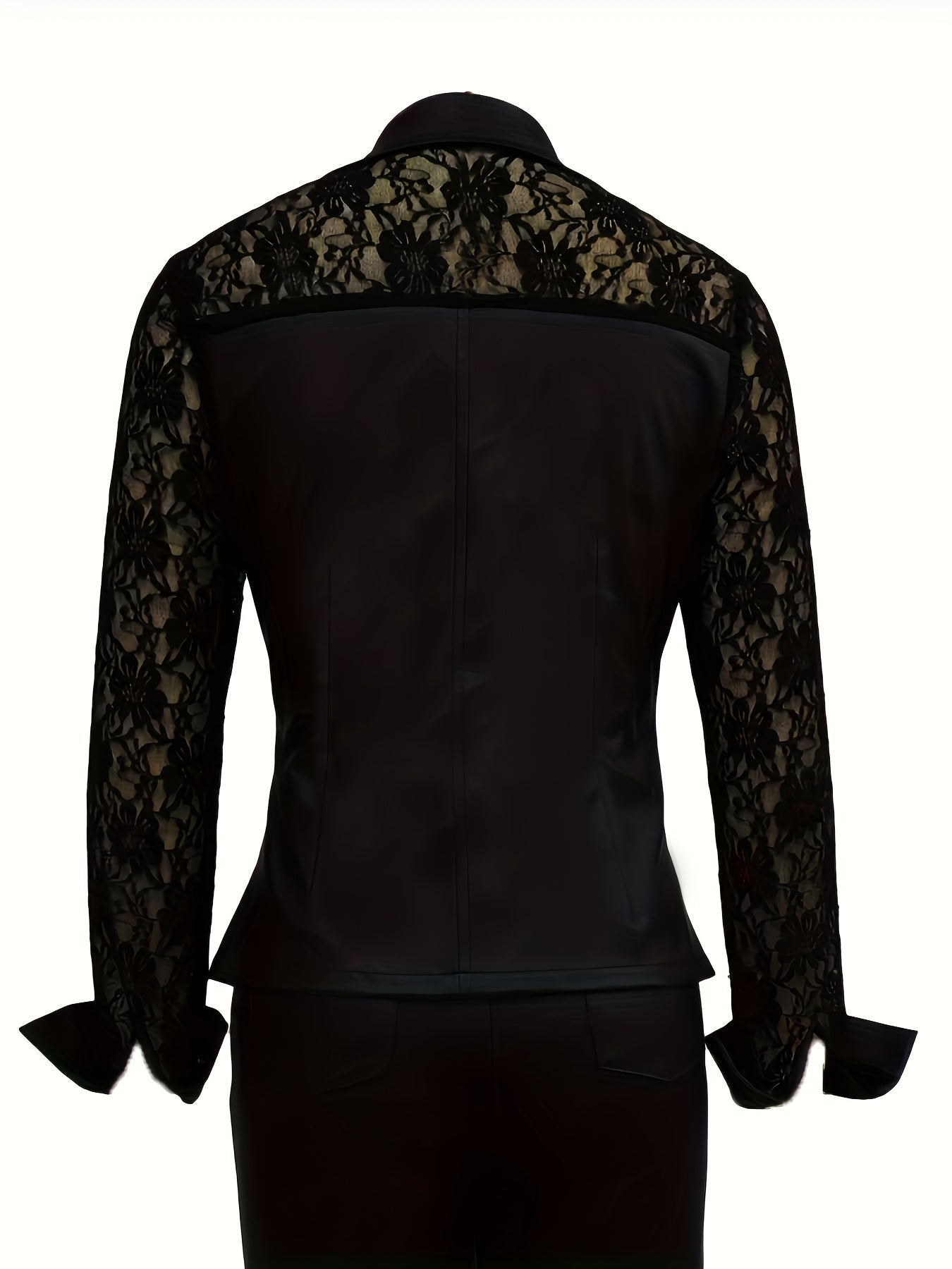 gbolsos Lace Stitching Faux Leather Polo Collar Shirt, Casual Long Sleeve Shirt For Spring & Fall, Women's Clothing