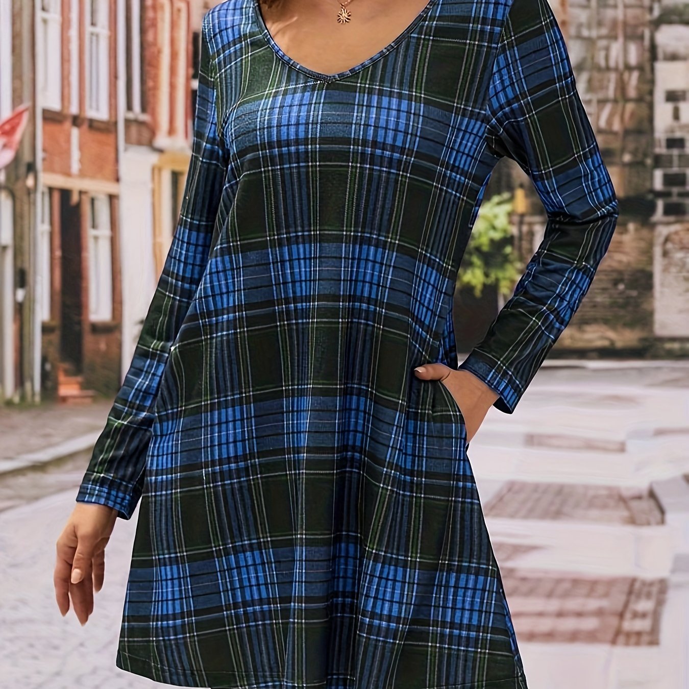 gbolsos Plaid Print V Neck Dress, Casual Long Sleeve Dress With Pockets, Women's Clothing