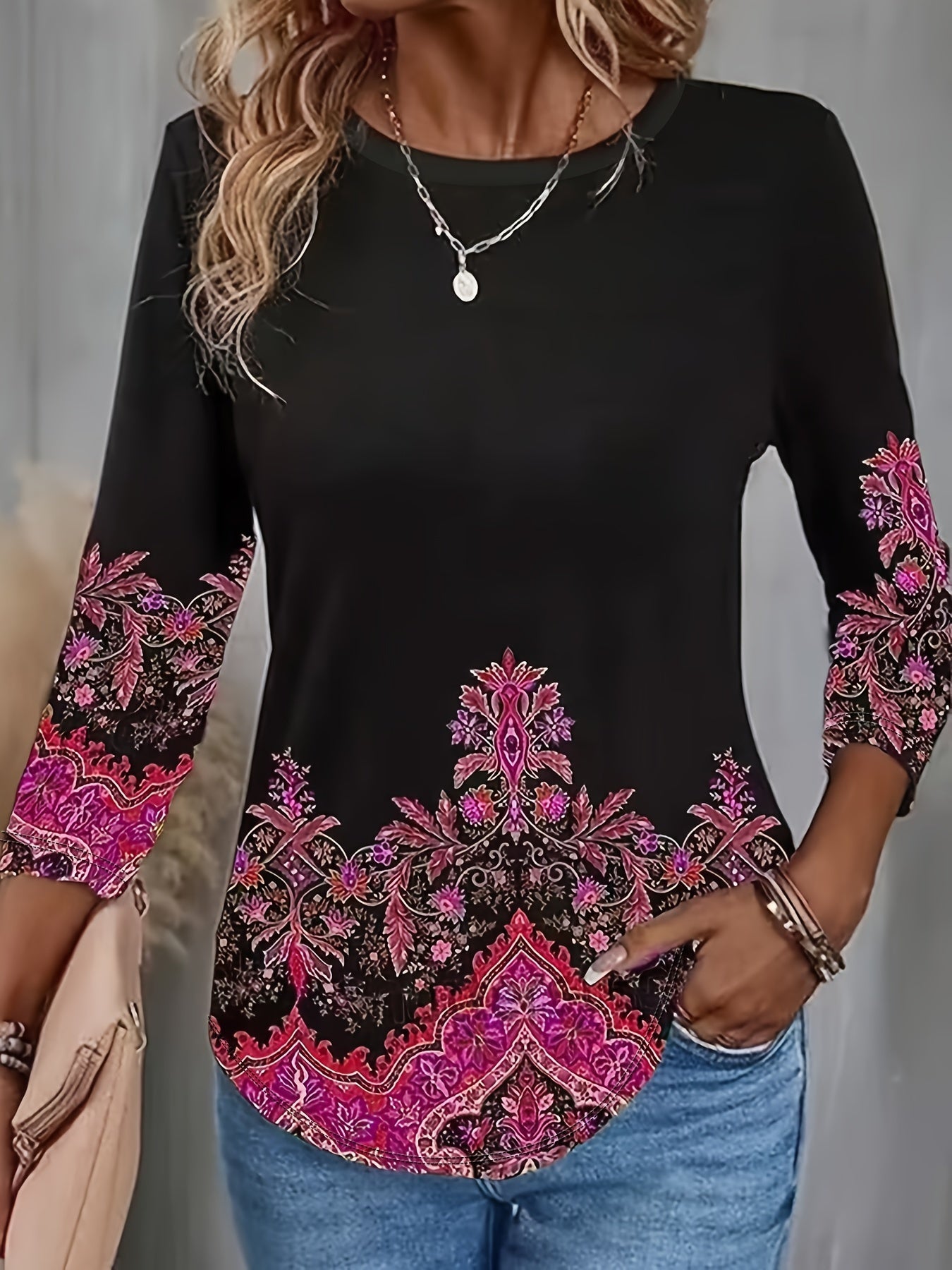 gbolsos Vintage Floral Long Sleeve T-Shirt, Crew Neck Casual Top For Fall & Spring, Women's Clothing