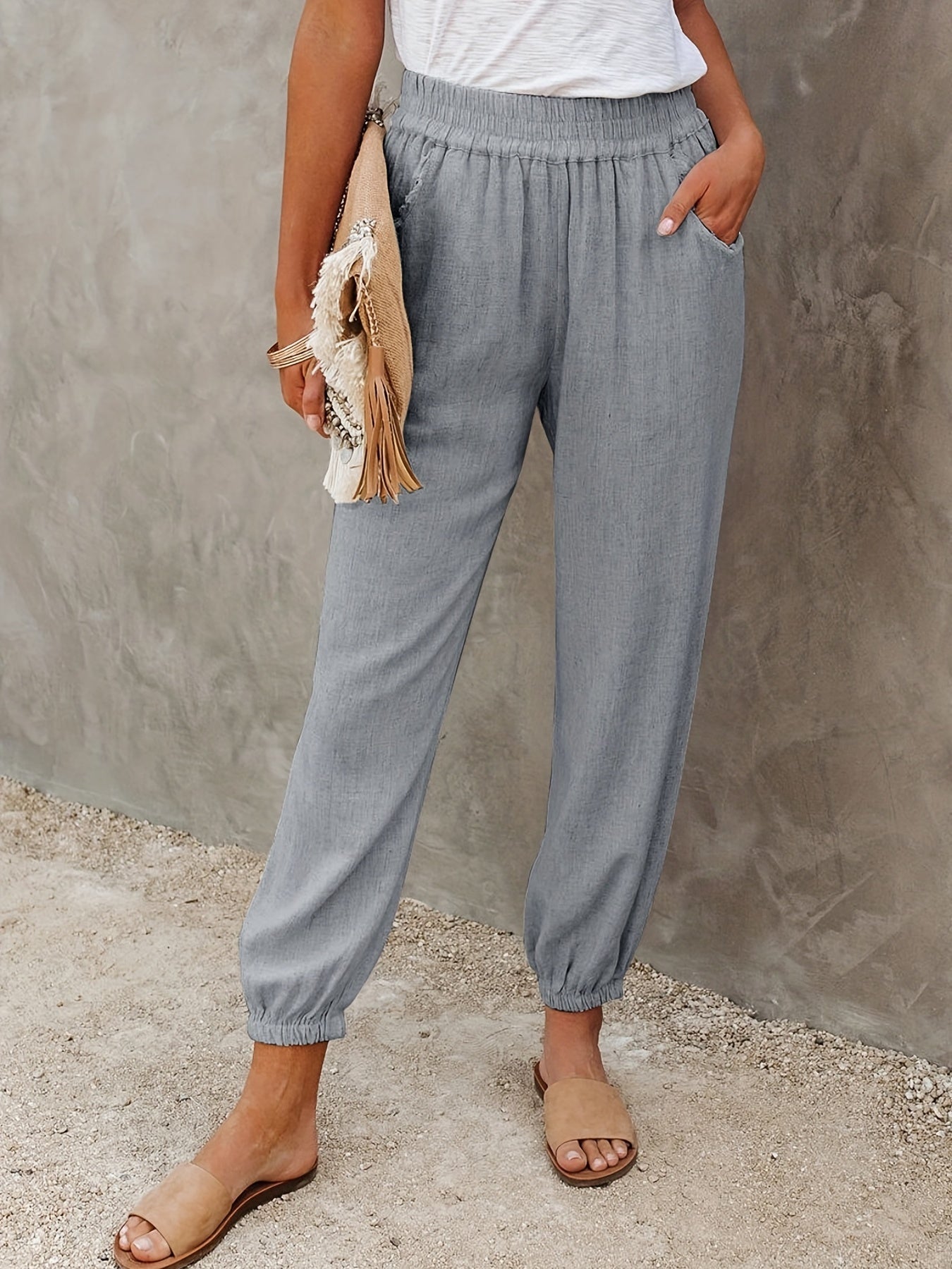 gbolsos Solid Ruched Pants, Casual Elastic High Waist Cropped Pants With Pockets, Women's Clothing