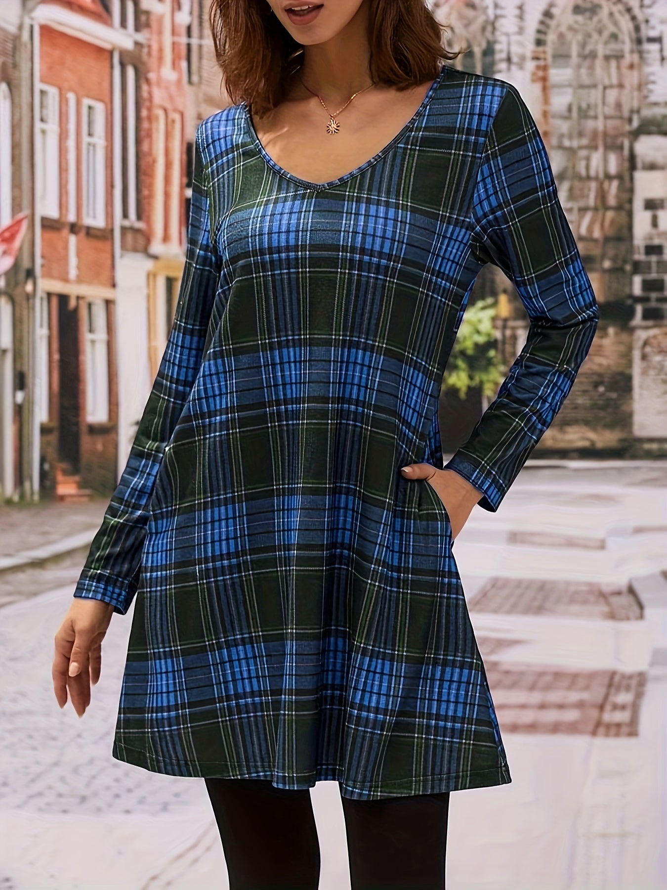 gbolsos Plaid Print V Neck Dress, Casual Long Sleeve Dress With Pockets, Women's Clothing