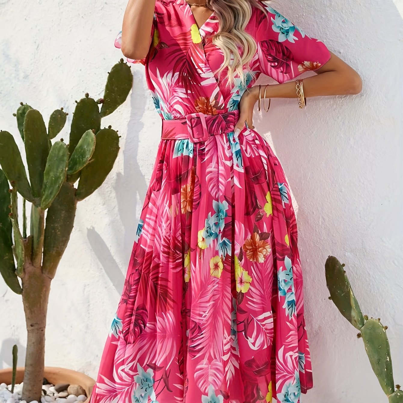 gbolsos Floral Print Pleat Dress With Belt, Boho Surplice Neck Short Sleeve Dress For Spring & Summer, Women's Clothing