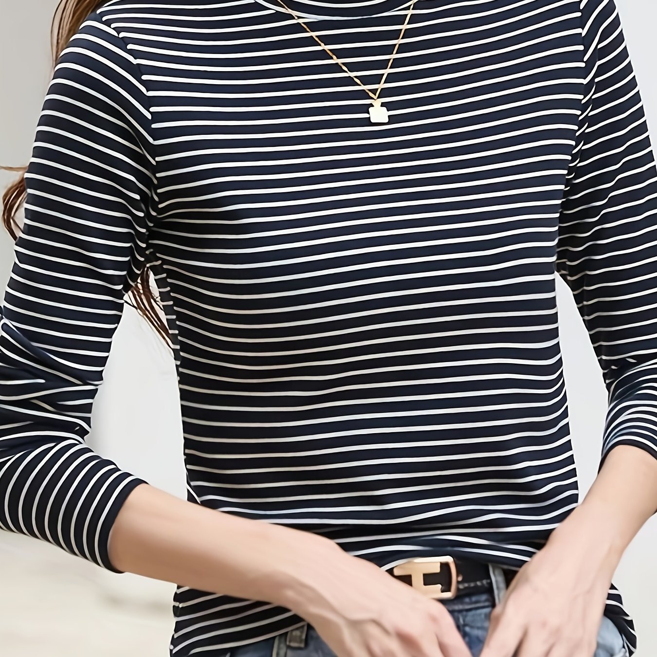 gbolsos Striped Mock Neck T-shirt, Casual Long Sleeve Top For Spring & Fall, Women's Clothing
