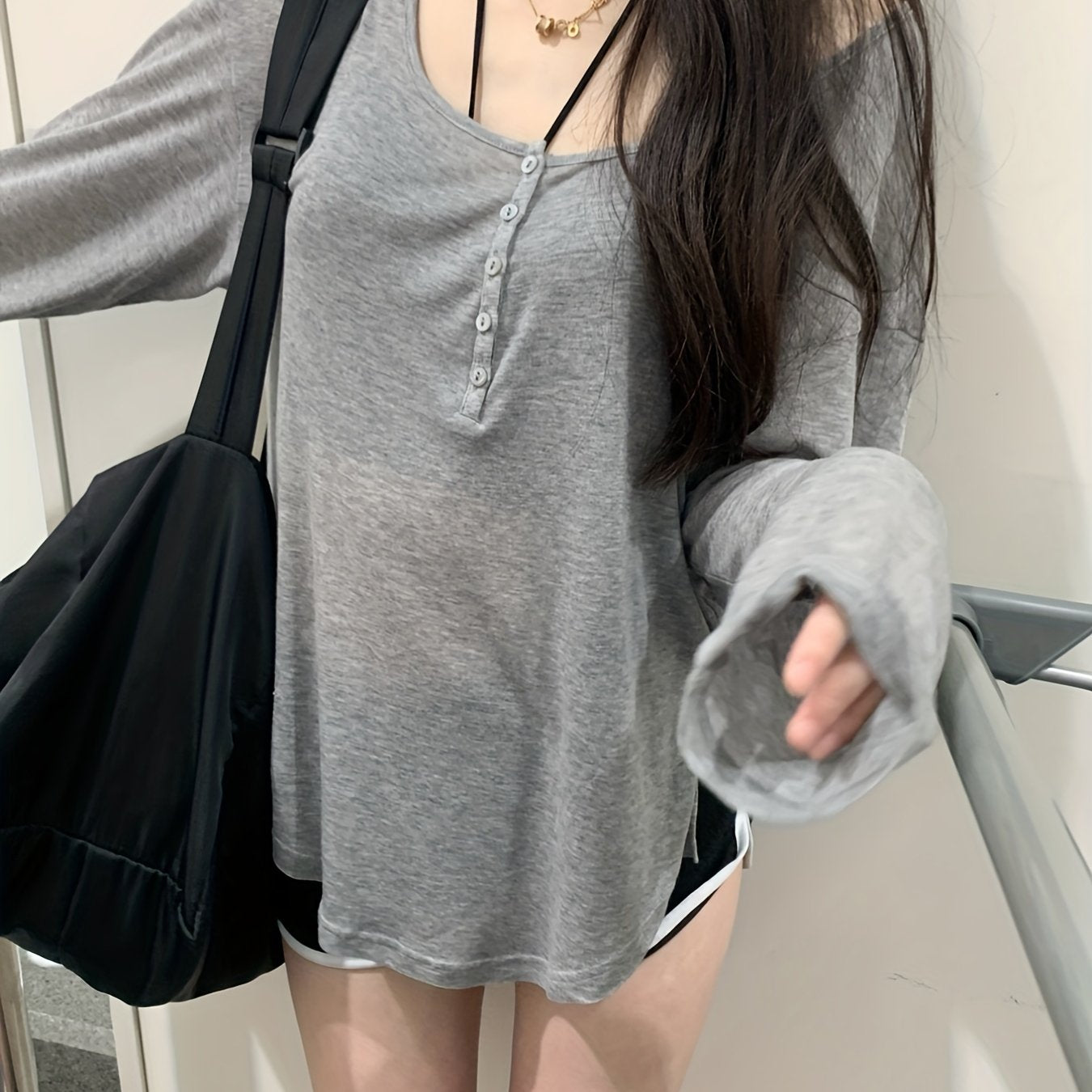 gbolsos Grey Single-breasted Scoop Neck Cover Up T-shirt Top, Long Sleeve Semi Sheer Loose Fit Solid Color Sun Protection Beach Coverup Shirt, Women's Swimwear & Clothing