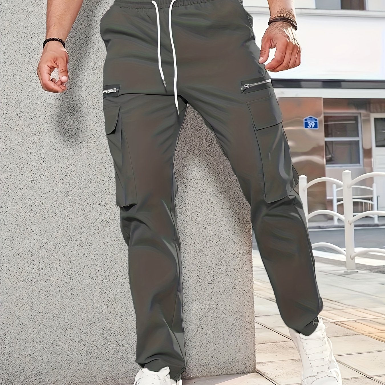gbolsos Men's Trendy Solid Tactical Pants, Casual Multi Pockets Trousers For Outdoor
