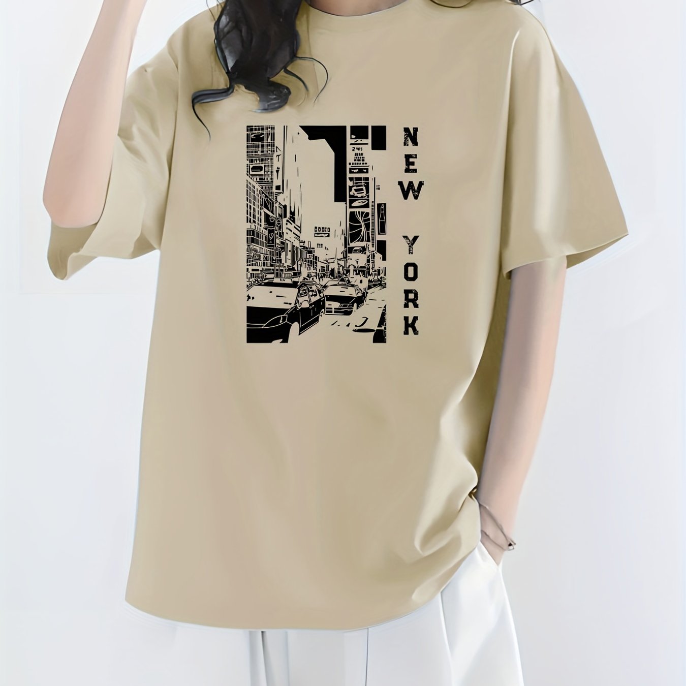 gbolsos City View & New York Letter Print Crew Neck Casual T-Shirt, Solid Color Short Sleeve Fashion Pullover Top, Women's Clothing