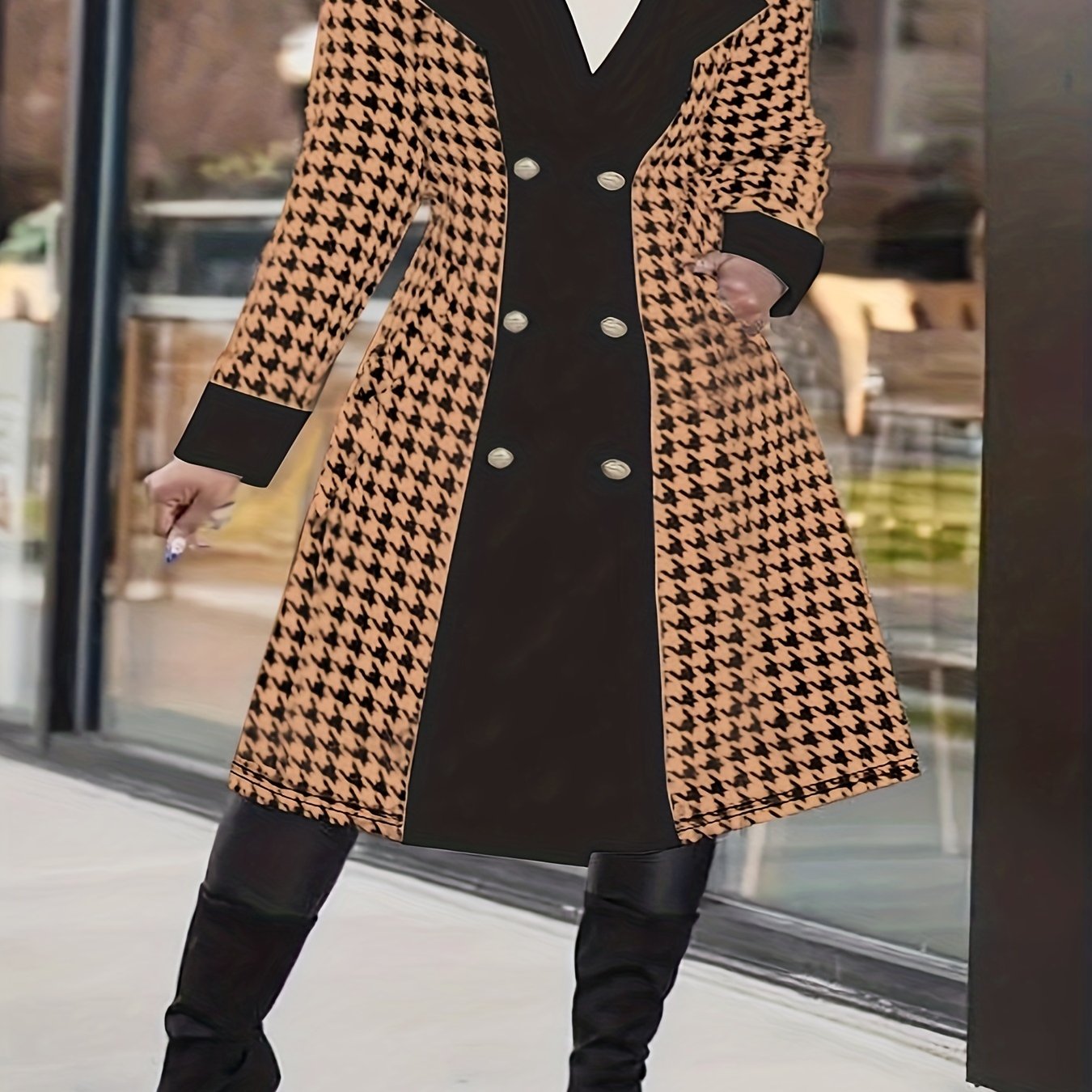 solvbao Plus Size Casual Coat, Women's Plus Colorblock Houndstooth Print Double Button Long Sleeve Lapel Collar Belted Overcoat