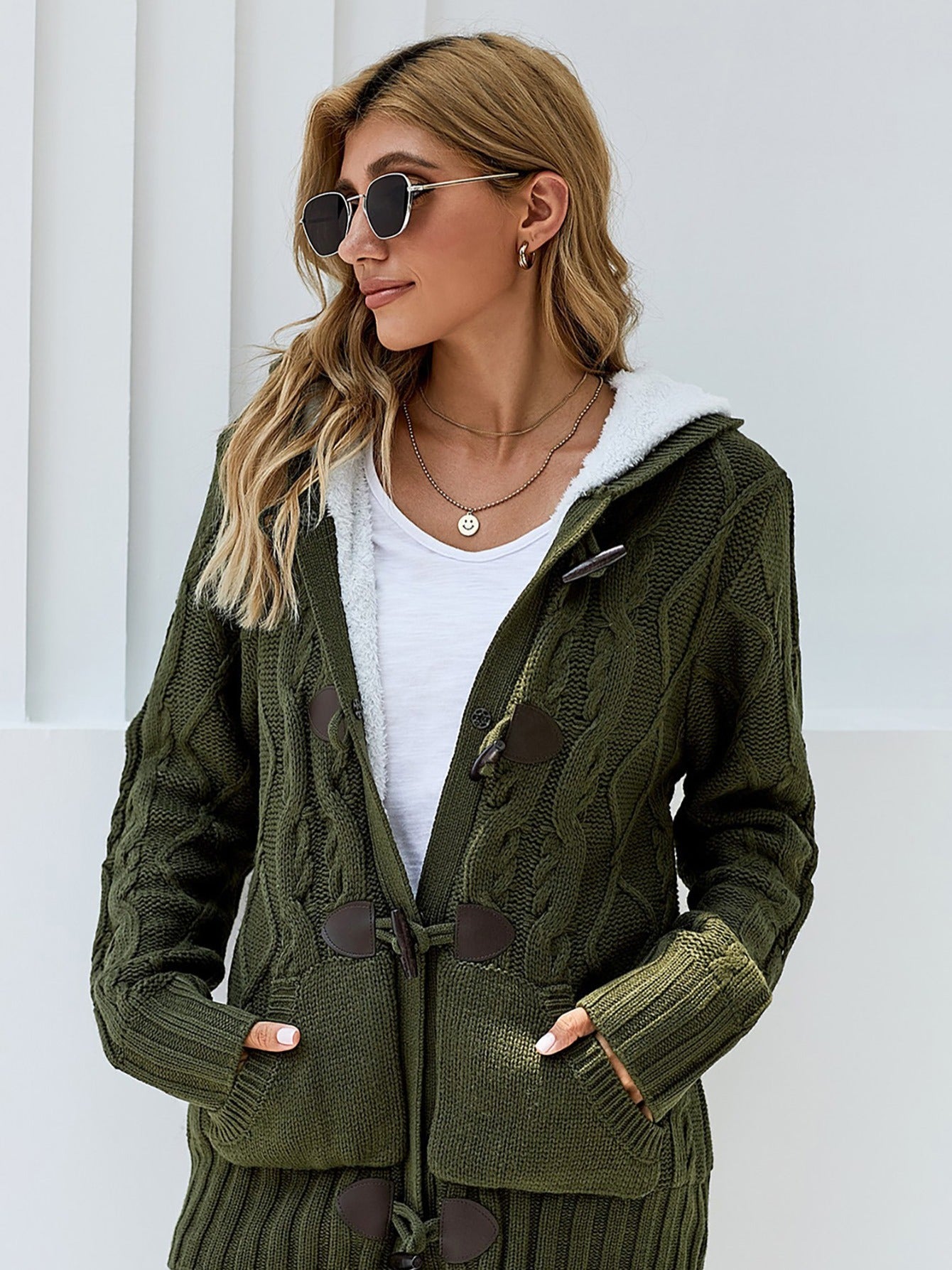 gbolsos Women's Outerwear Raw Hooded Flare Button Sweater Cardigan