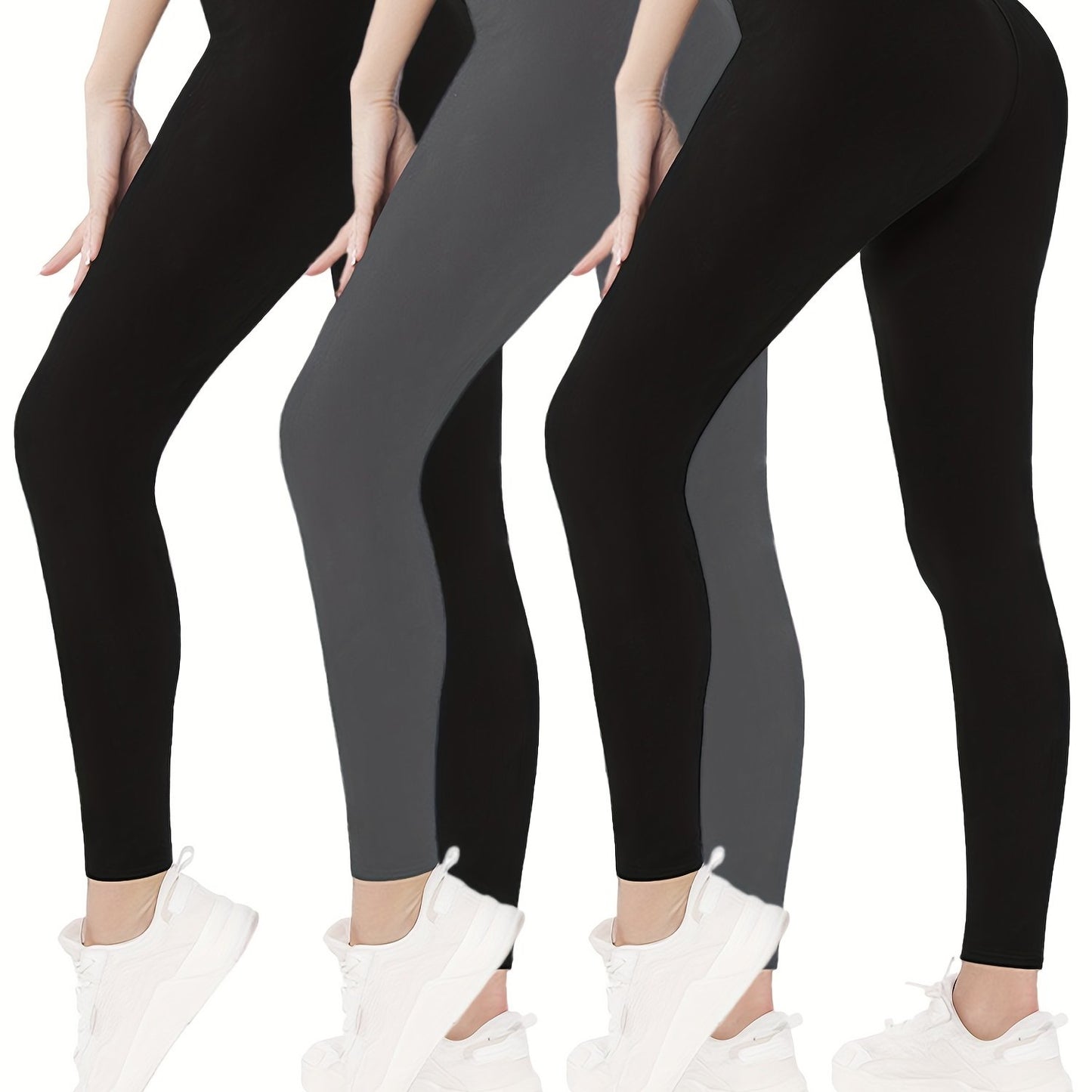 gbolsosSolid High Waist Skinny 3 Pieces Set Leggings, Workout Spring & Fall Leggings, Women's Clothing