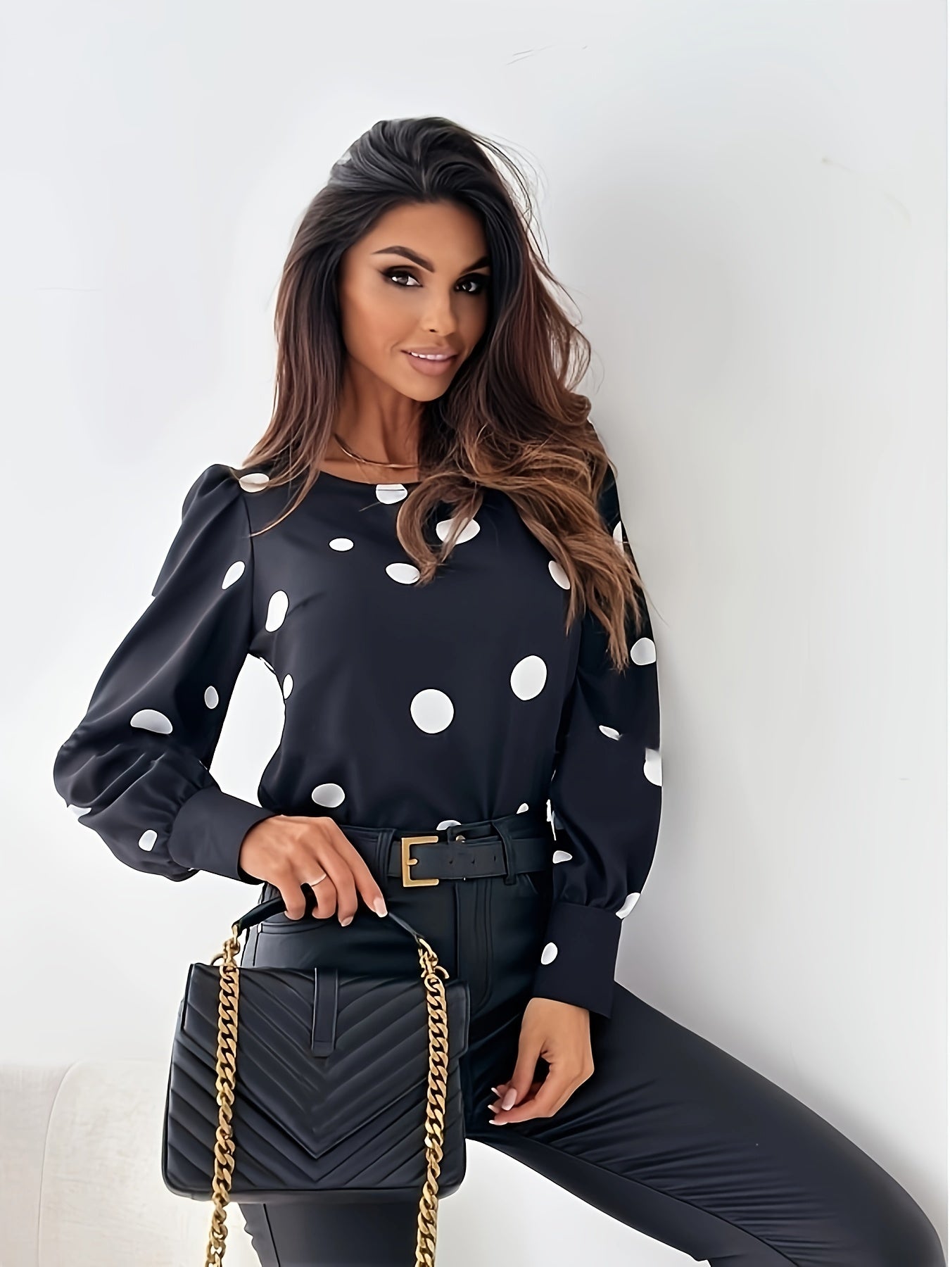 gbolsos Polka Dot Print Blouse, Casual Simple Long Sleeve Blouse, Women's Clothing