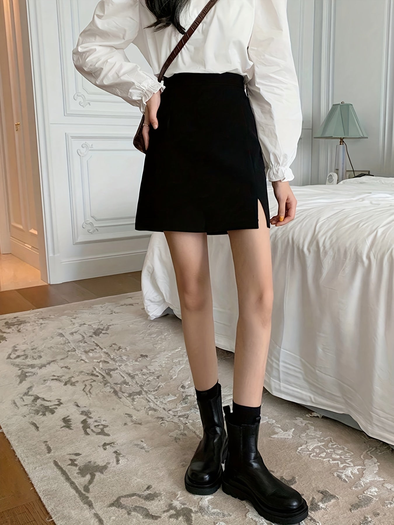 gbolsos Solid High Waist Skirt, Casual Split Versatile Skirt, Women's Clothing