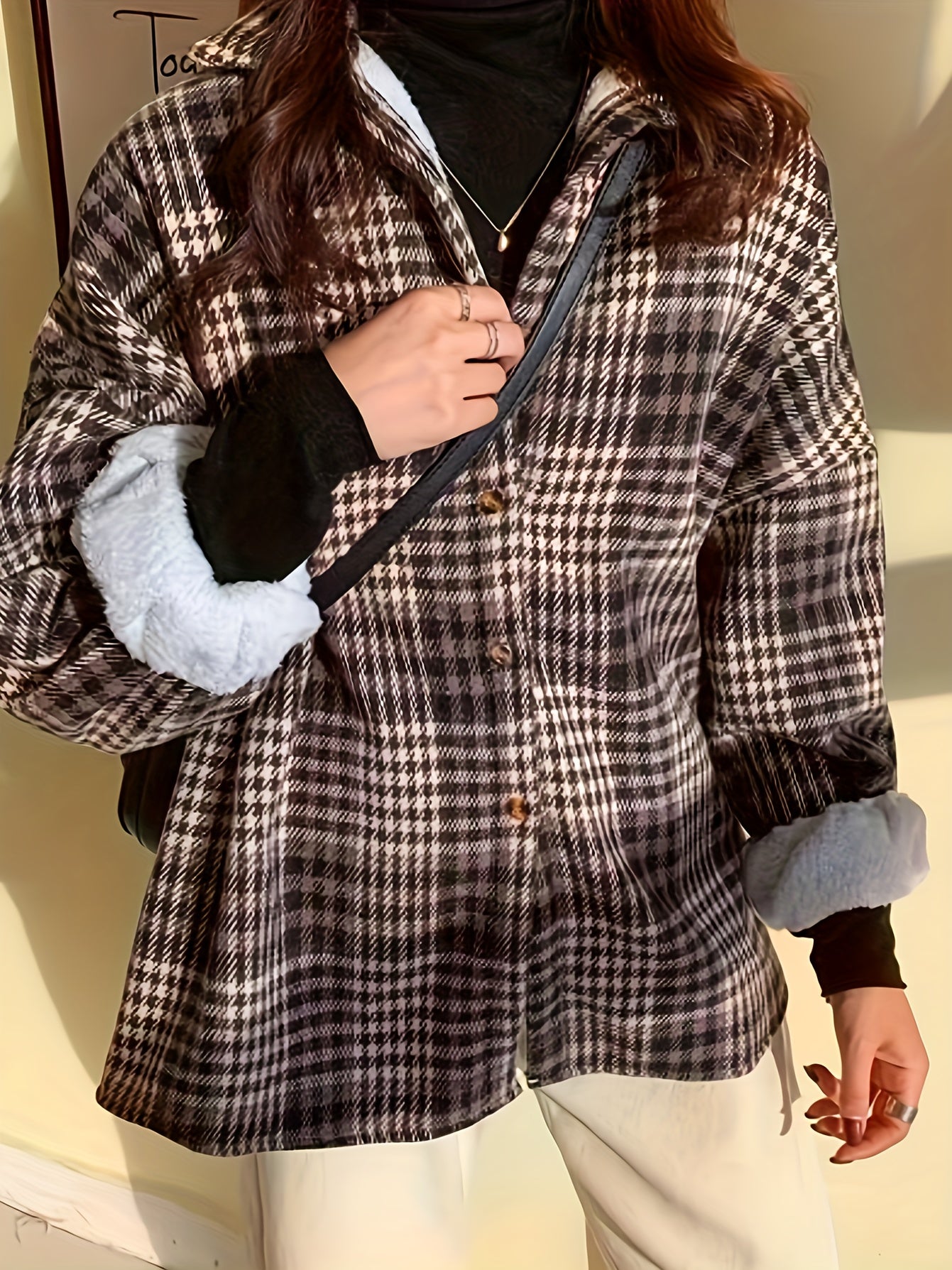 gbolsos Plaid Print Single Breasted Jacket, Versatile Long Sleeve Thermal Outwear, Women's Clothing