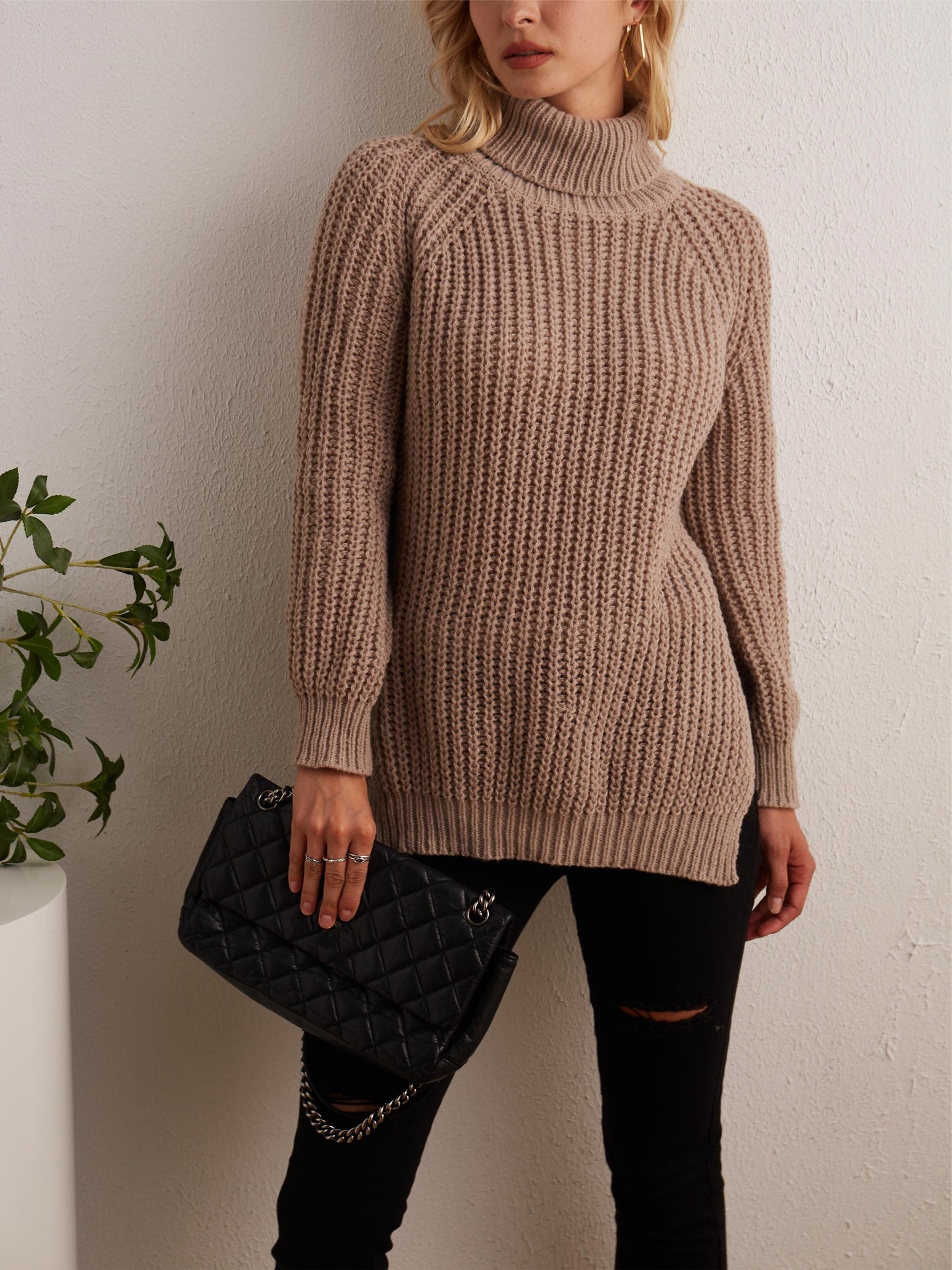 gbolsos Solid Turtleneck Oversized Sweater, Long Sleeve Side Slit Casual Sweater, Women's Clothing