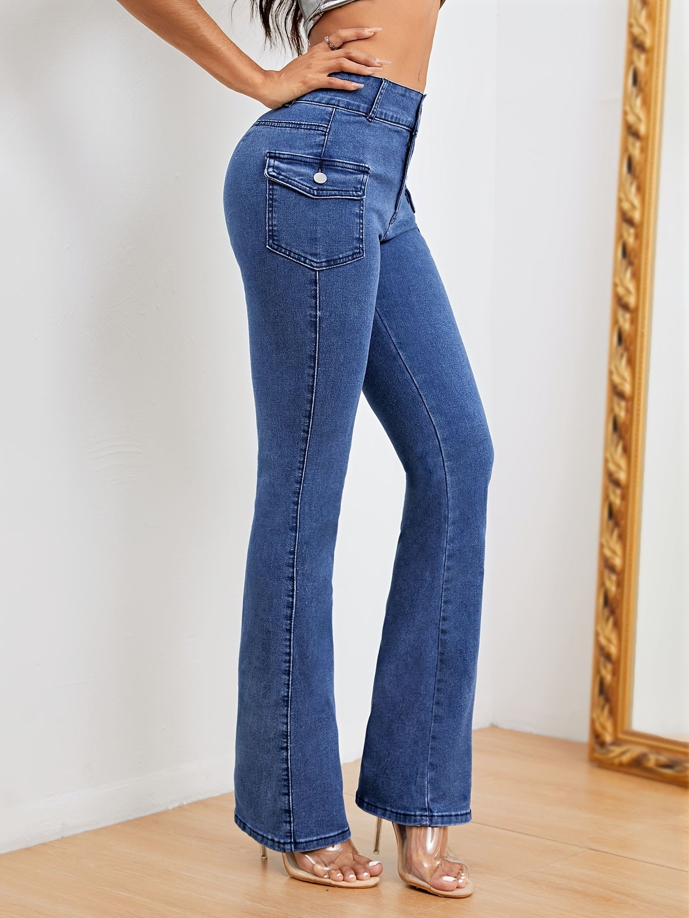 Plain Flap Pockets Cargo Flare Jeans, High Stretch Mid Waist Bell Bottom Jeans, Women's Denim Jeans & Clothing