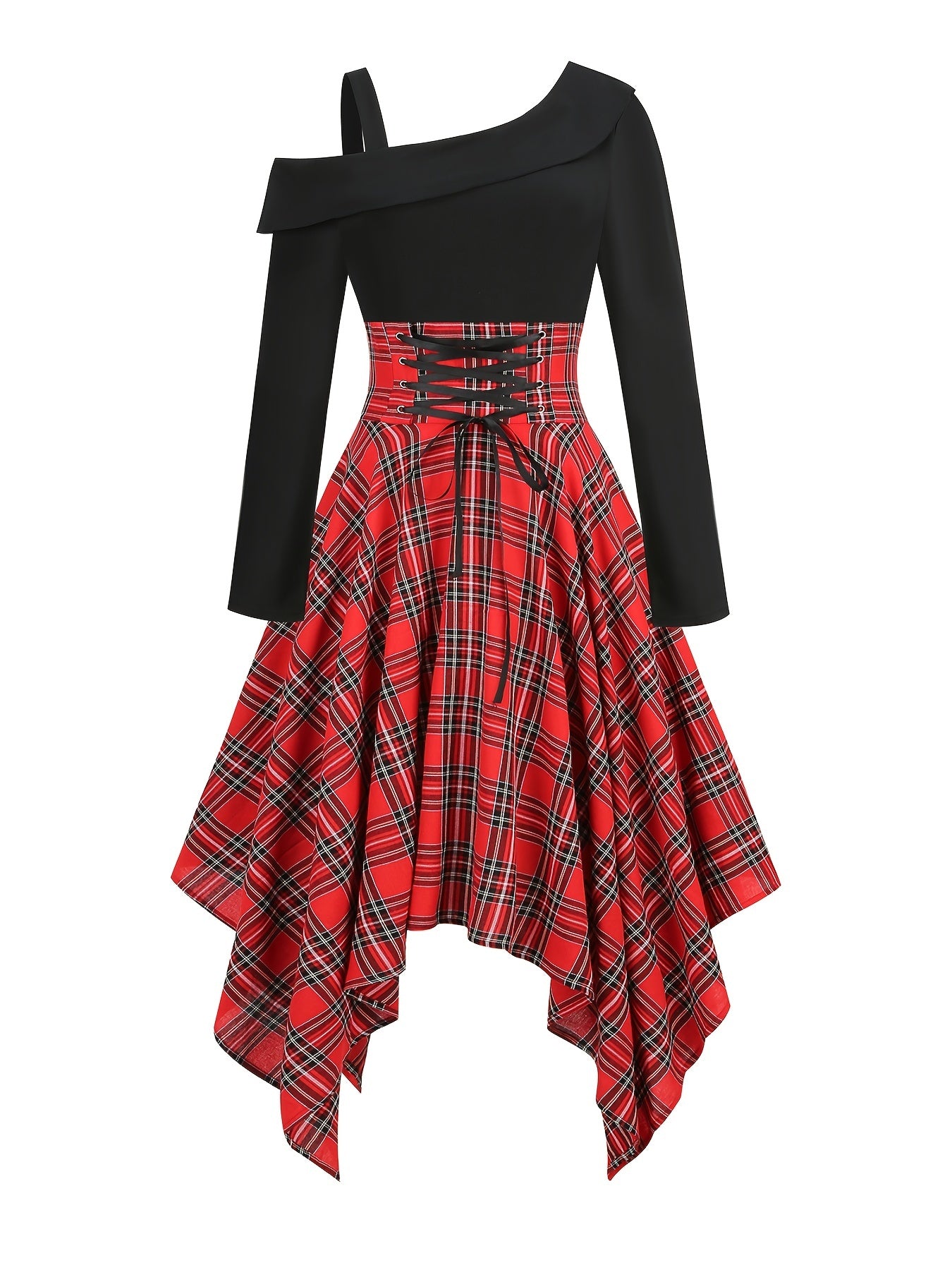 gbolsos Plaid Asymmetrical Hem Dress, Vintage Cold Shoulder Long Sleeve Dress, Women's Clothing