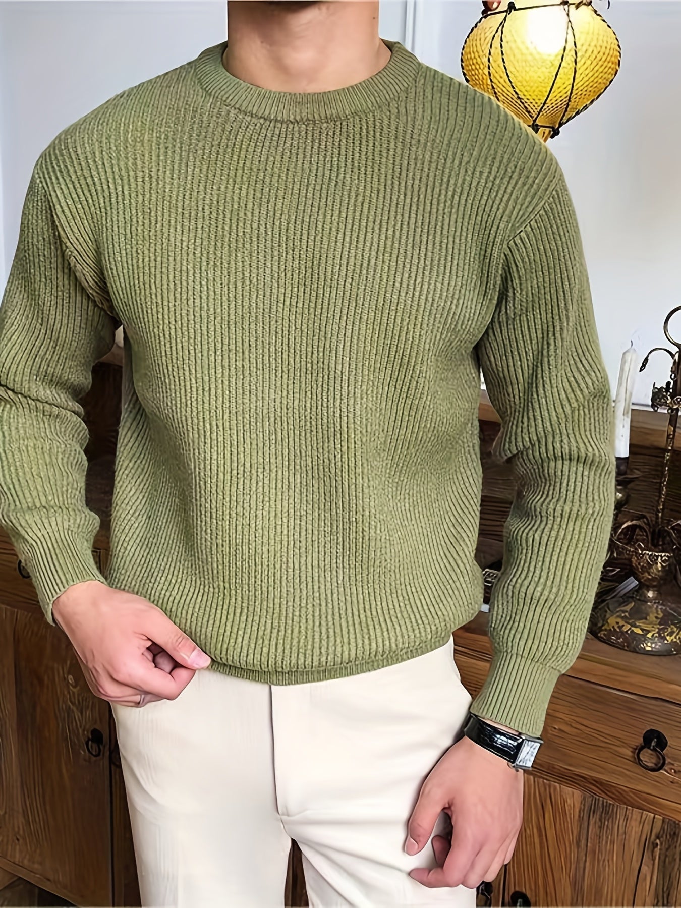 gbolsos Warm Texture Knitted Sweater, Men's Casual Solid Color Slightly Stretch Round Neck Pullover Sweater For Fall Winter